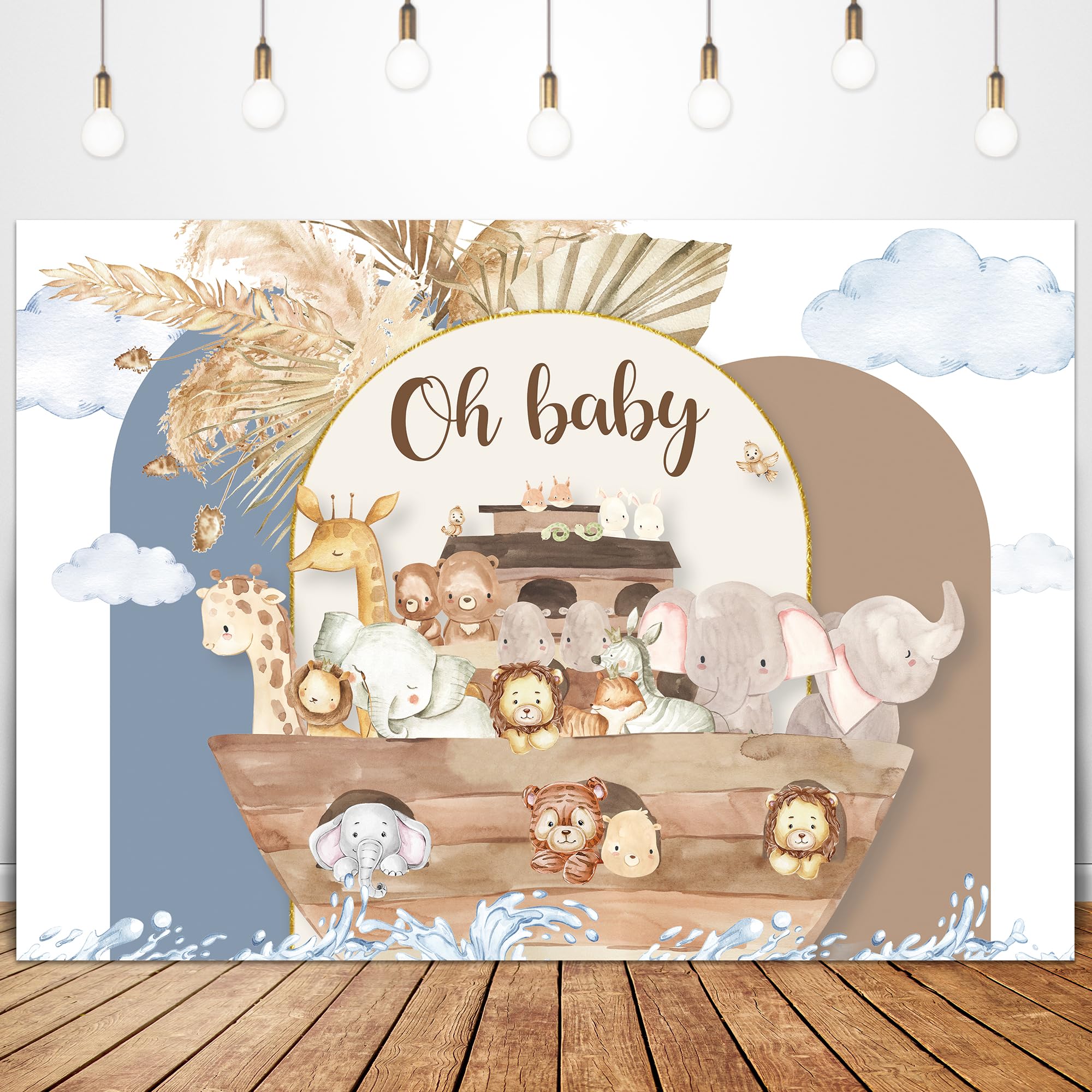 Glawry Noah'S Ark Backdrop For Photography 7Wx5H Feet Oh Baby Boho Blue Pampas Flower Cartoon Woodland Animal Ocean Lovely Cloud