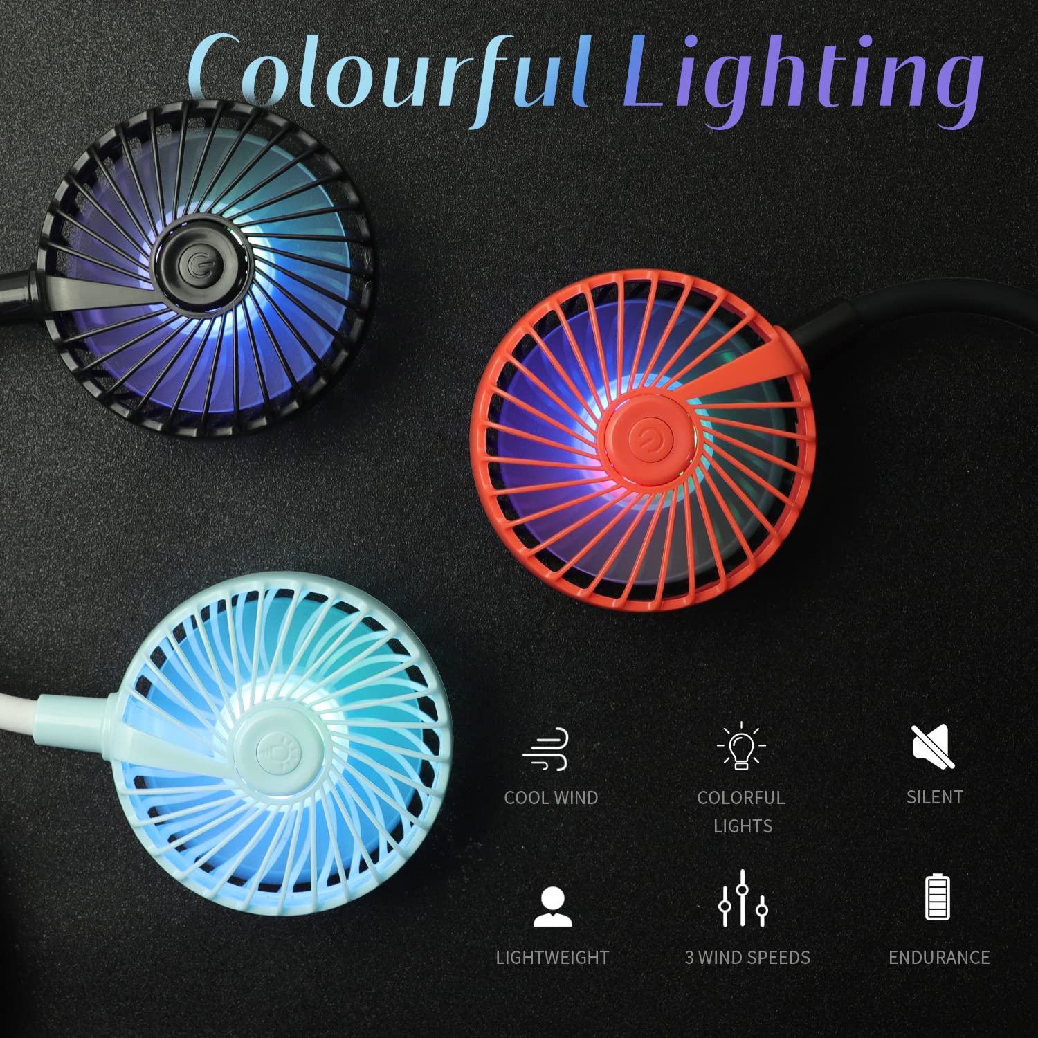 Vagau Portable Cooling Neck Fan, Rechargeable Usb Personal Neck Fan With Colorful Led Lights, 360 Rotation, Wearable Neck Fan Ai