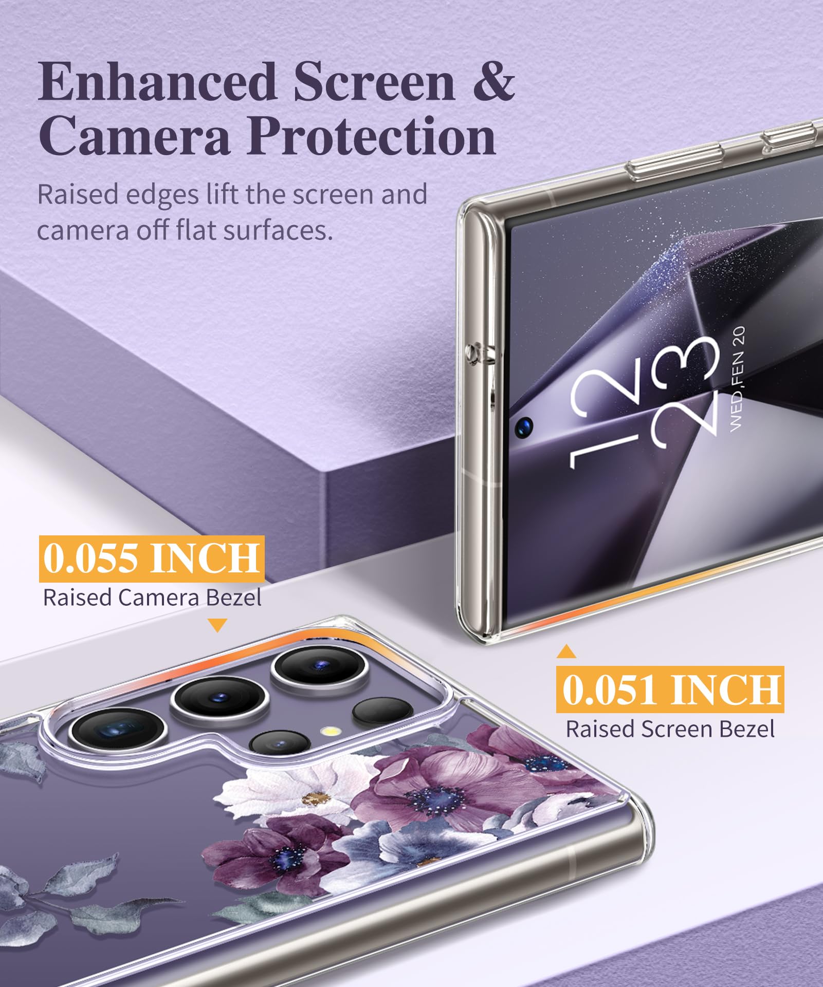 Gviewin For Samsung Galaxy S24 Ultra Case With Screen Protector+Camera Protector, [Mil Grade Drop Protection]Floral Clear Slim S