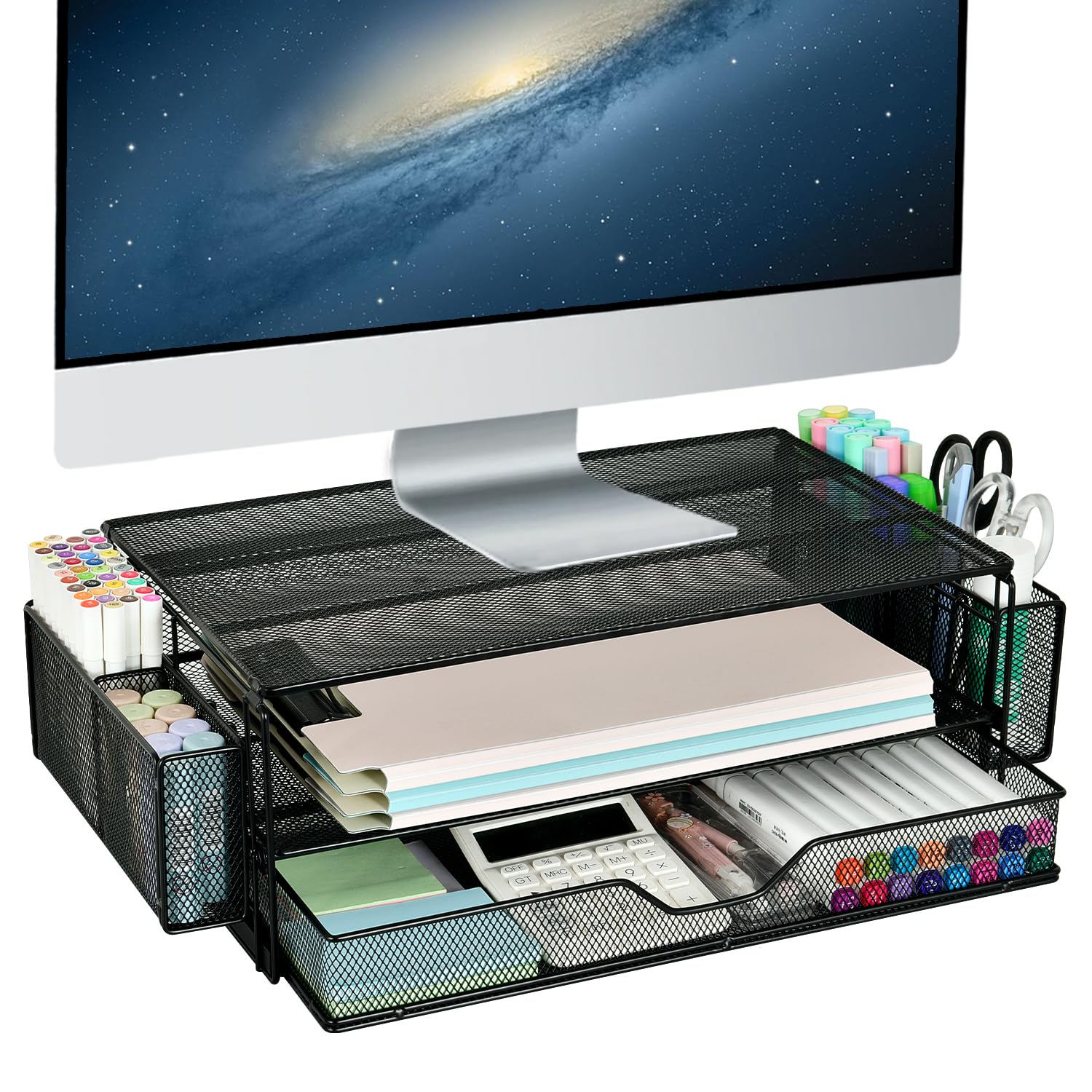 Aupsen 2 Tier Computer Monitor Stands With Drawer And 2 Pencil Holder, Metal Monitor Stand Monitor Riser, Computer Desk Organize