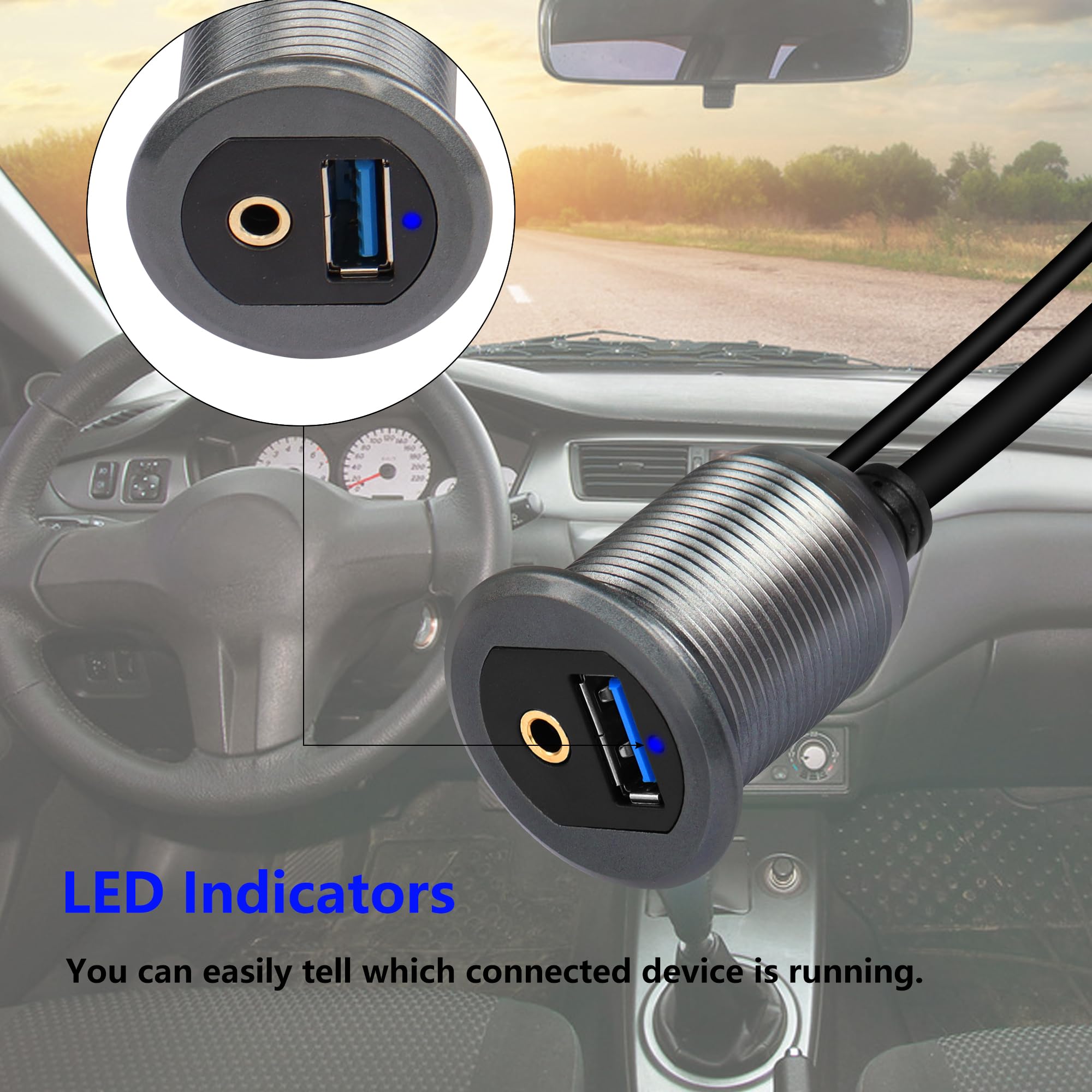 Sinloon Usb 3.0 & 3.5Mm Car Mount Flush Cable 3.3Ft Usb 3.0 Flush Mount Cable Aux Extension Dash Panel Waterproof Mount Cable Fo