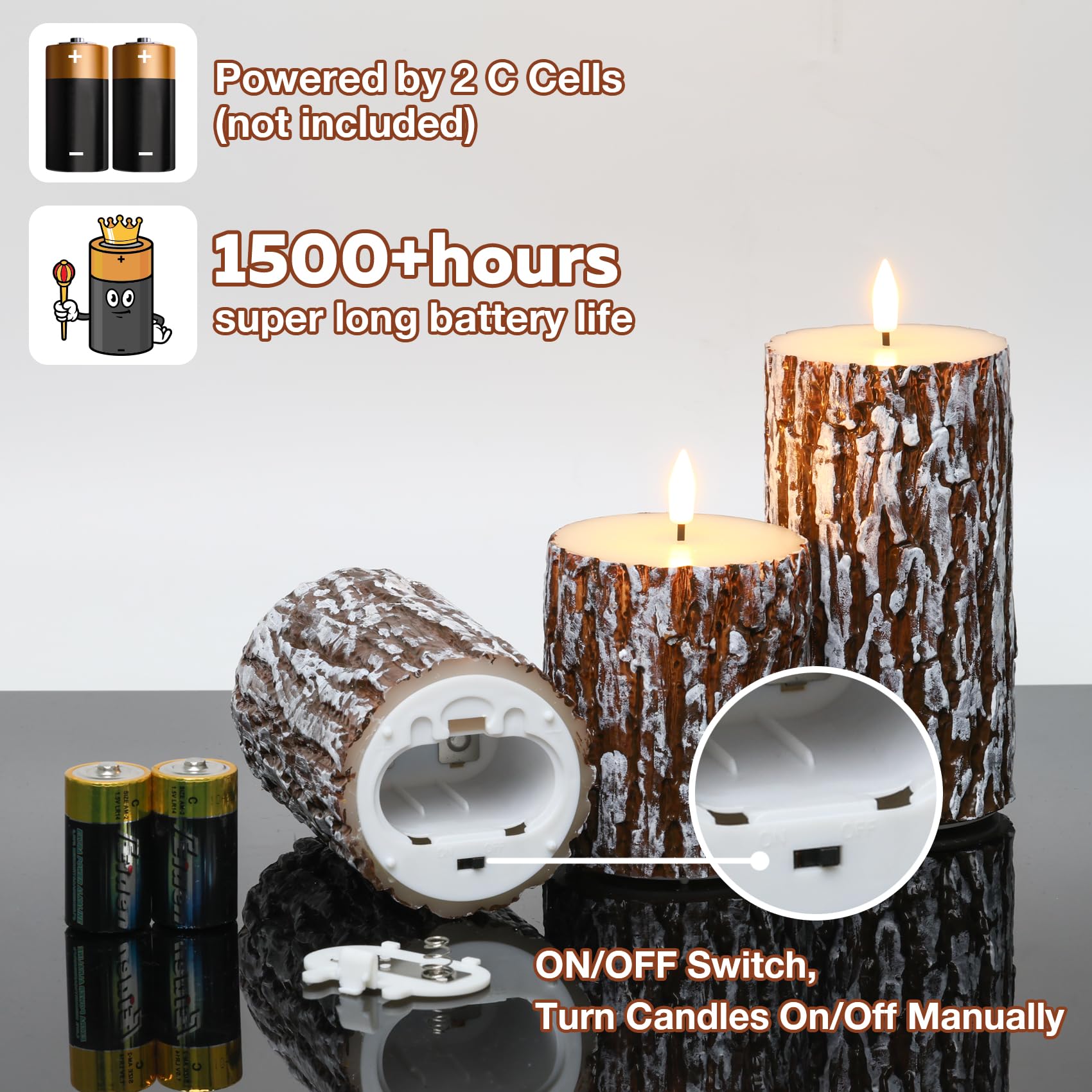 Eywamage Brown Pine Bark Flameless Pillar Candles With Remote, Farmhouse Battery Operated Led Wood Candles Set Of 3