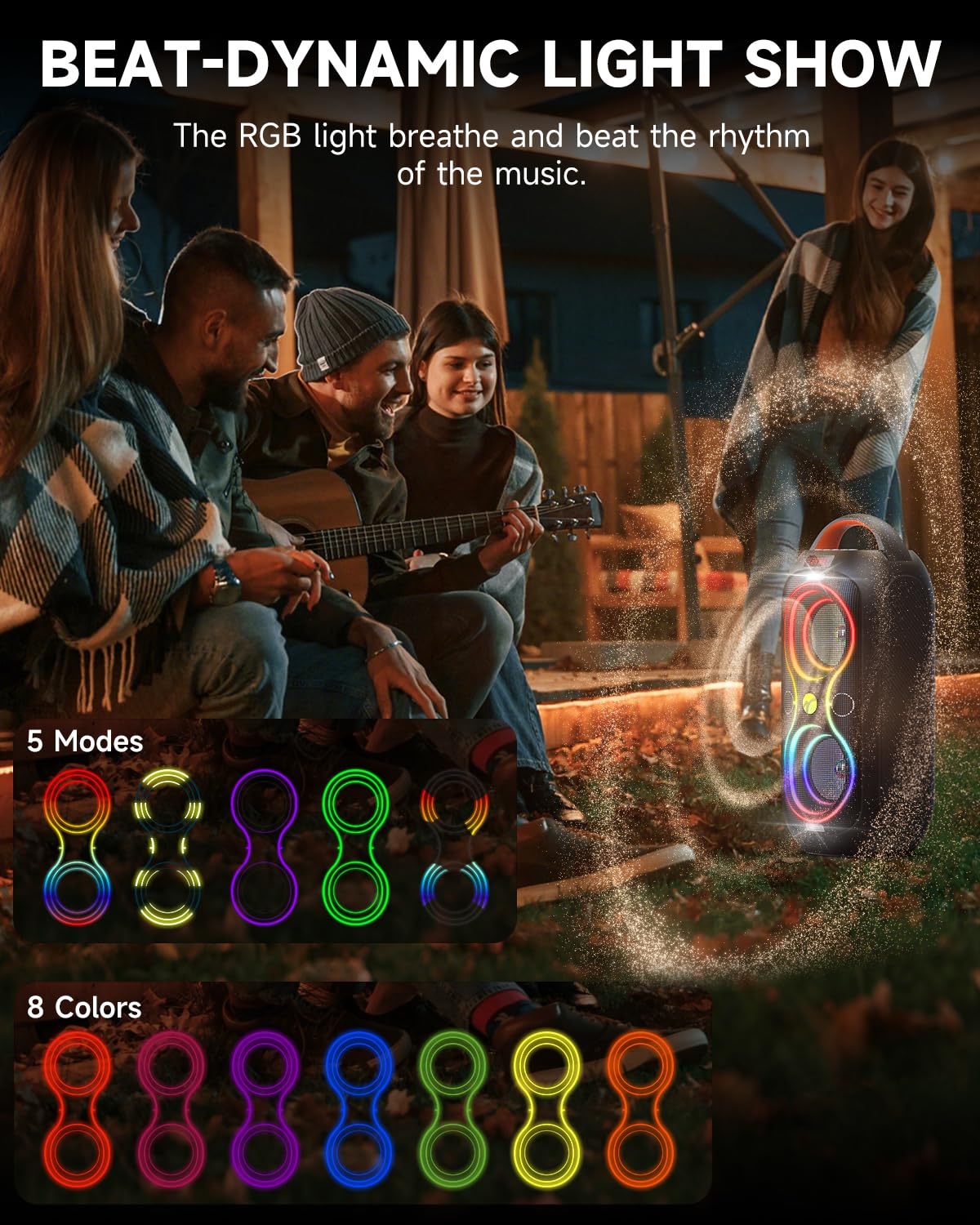 Portable Bluetooth Speaker With 120Db Loud Sound, Dynamic Led Lights, 5 Rgb Modes, Bluetooth 5.3, Usb/Tf/Aux/Fm/Mic Input/Tws, B