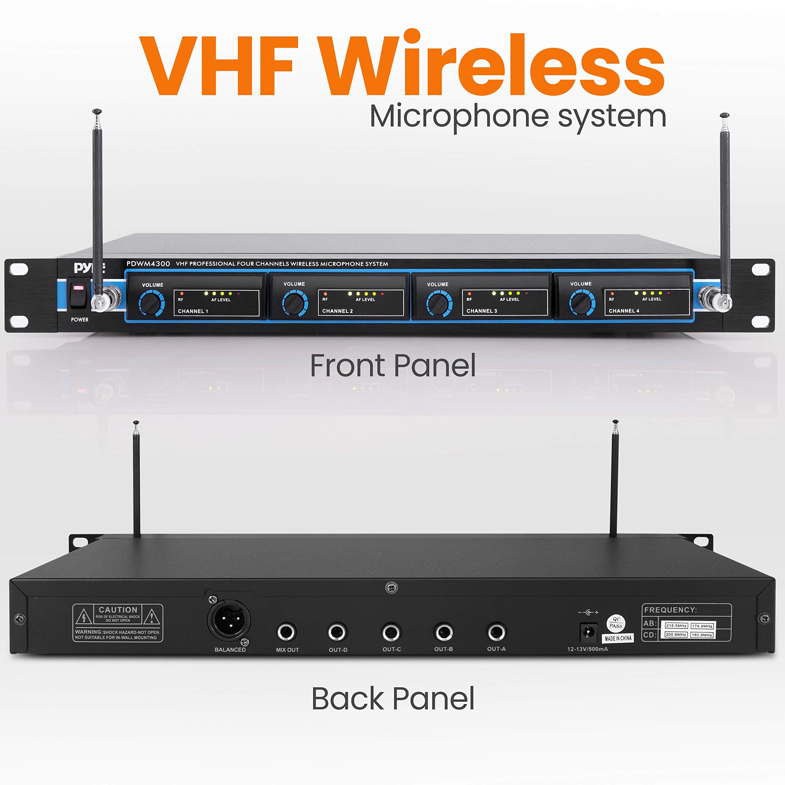 Pyle 4 Channel Vhf Wireless Microphone System & Rack Mountable Base 2 Handheld Mic, 2 Headset, 2 Belt Pack, 2 Lavelier/Lapel Mic