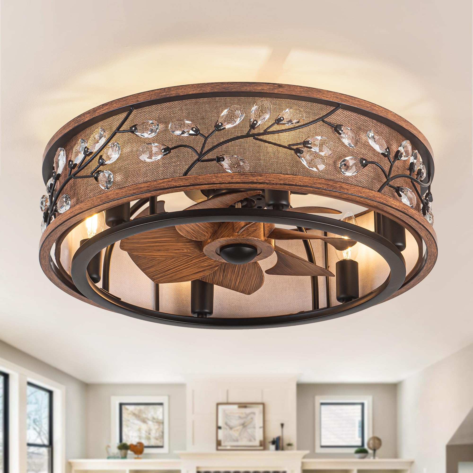 WWM Low Profile Farmhouse Ceiling Fan with Light,20 Rustic Flush Mount Ceiling Fans with Remote, Modern Caged Crystal Ceiling 