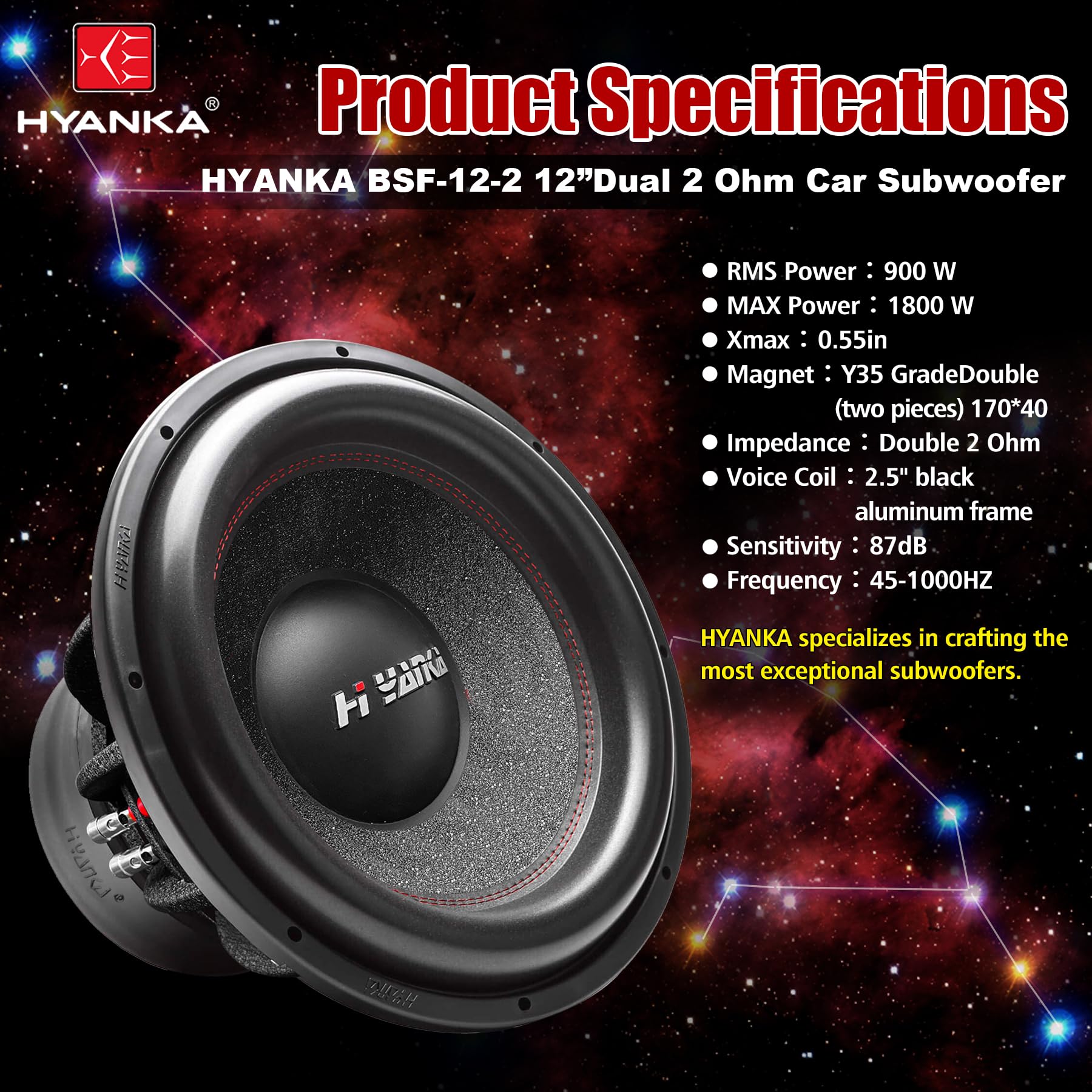 H Yanka Bsf-12-2 12 Inch Subwoofer - 1800W Max Power 12 Inch Paper Cone Car Audio, Black Aluminum Basket, 2.5 Dual Voice Coil 2