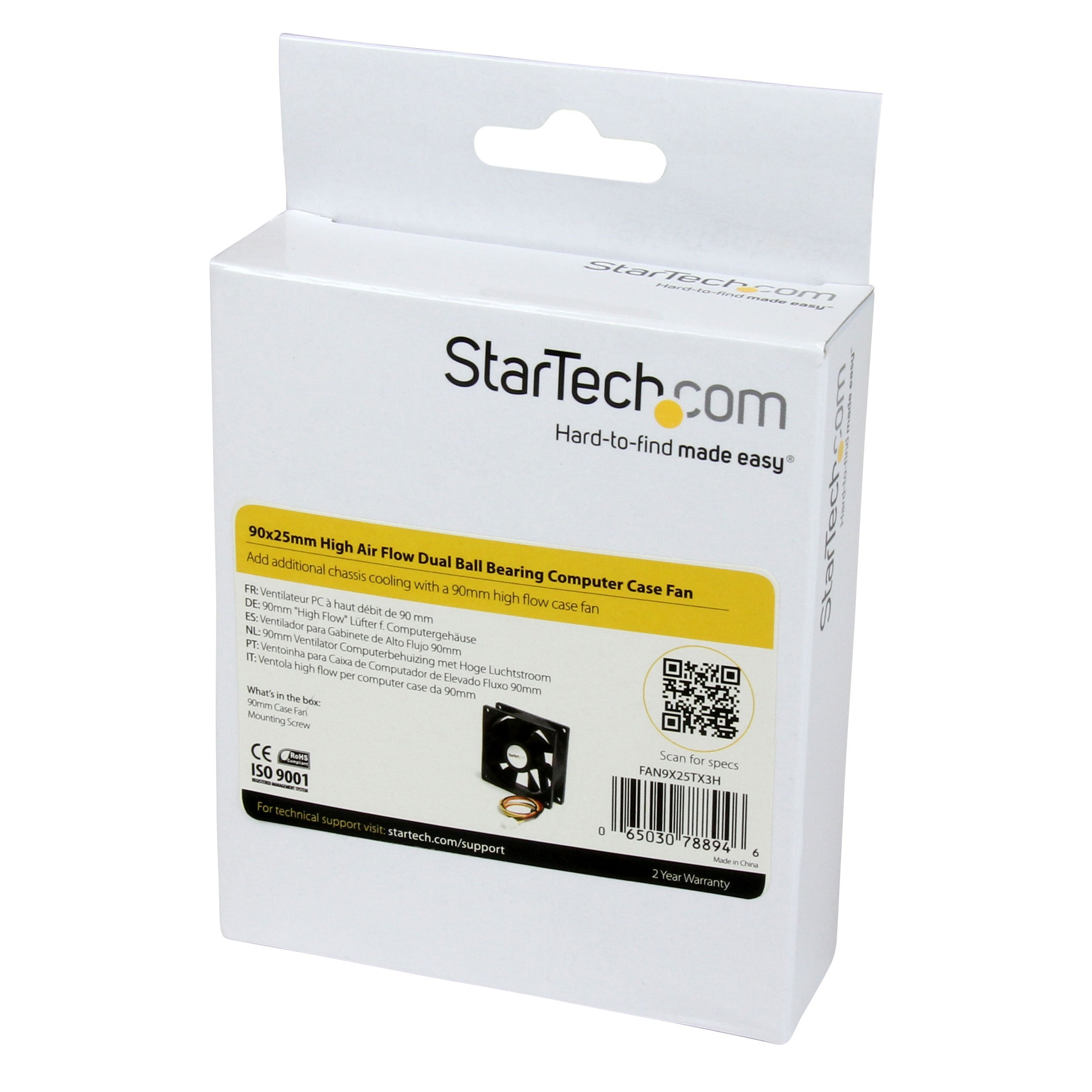 Startech.Com 90X25Mm High Air Flow Dual Ball Bearing Computer Case Fan W/ Tx3 (Fan9X25Tx3H), Black