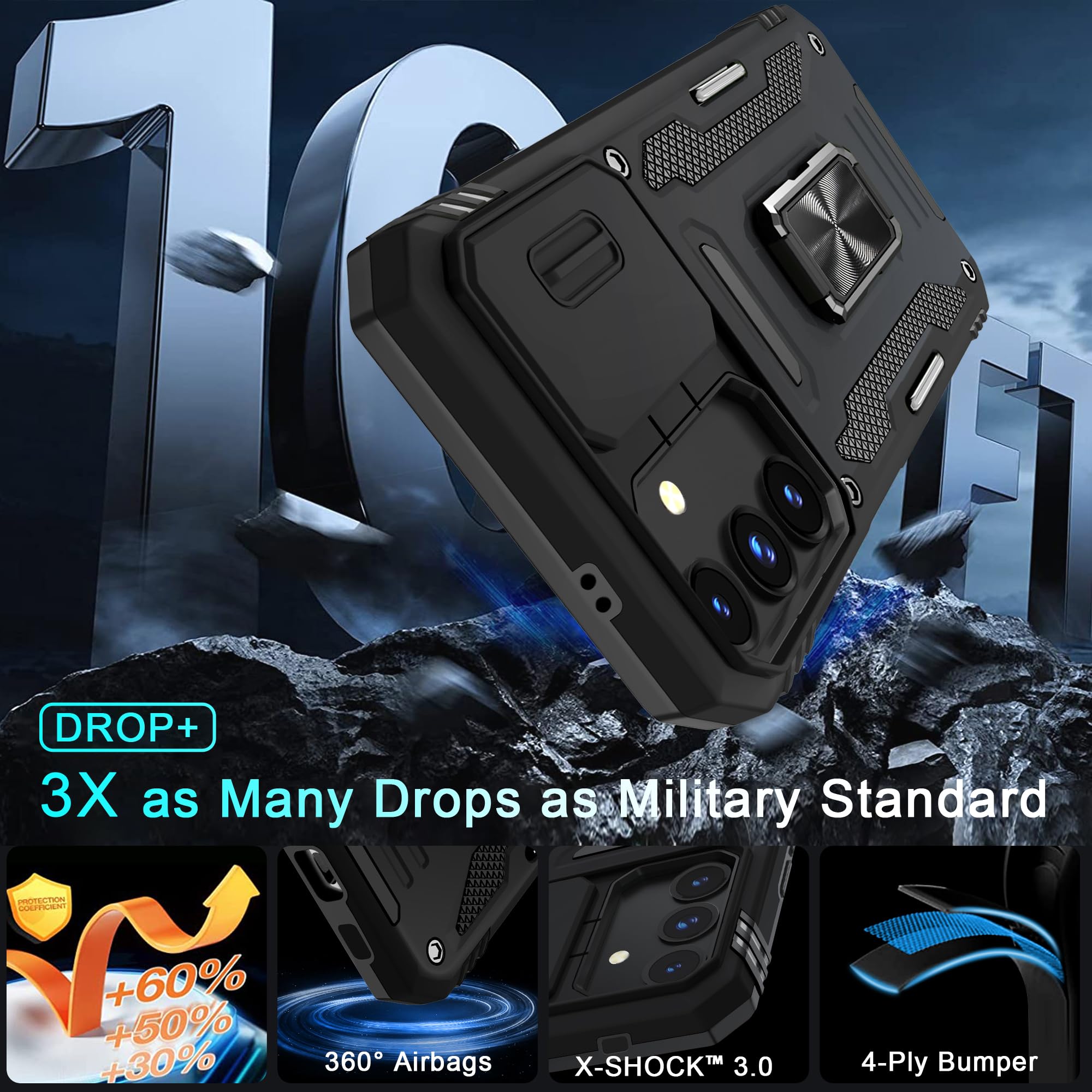 Deerlamn Case For Samsung Galaxy S24 Fe With Slide Camera Cover+Screen Protector(1 Pack), Rotated Ring Kickstand Military Grade