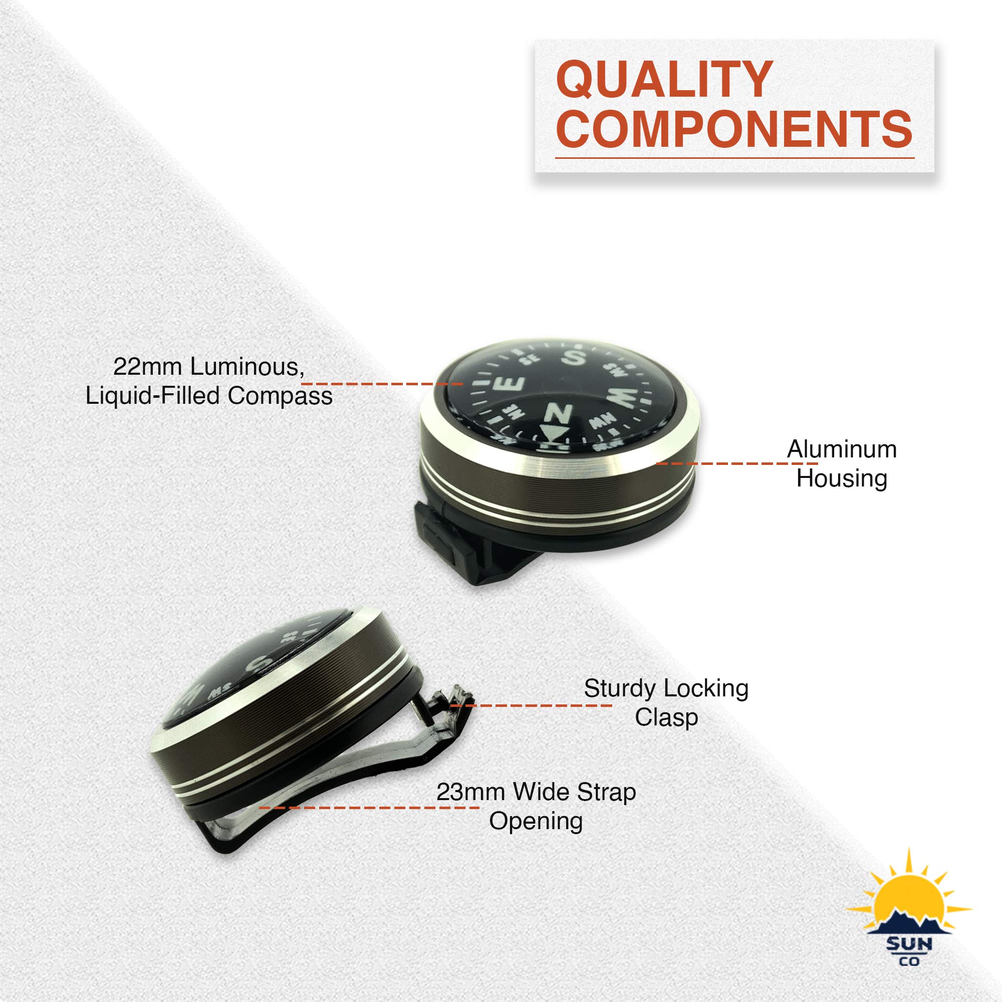 Sun Company Wristlock   Aluminum Wrist Compass For Watch Or Paracord Bracelet | Clip On, Locking Design | Accessory For Camping,