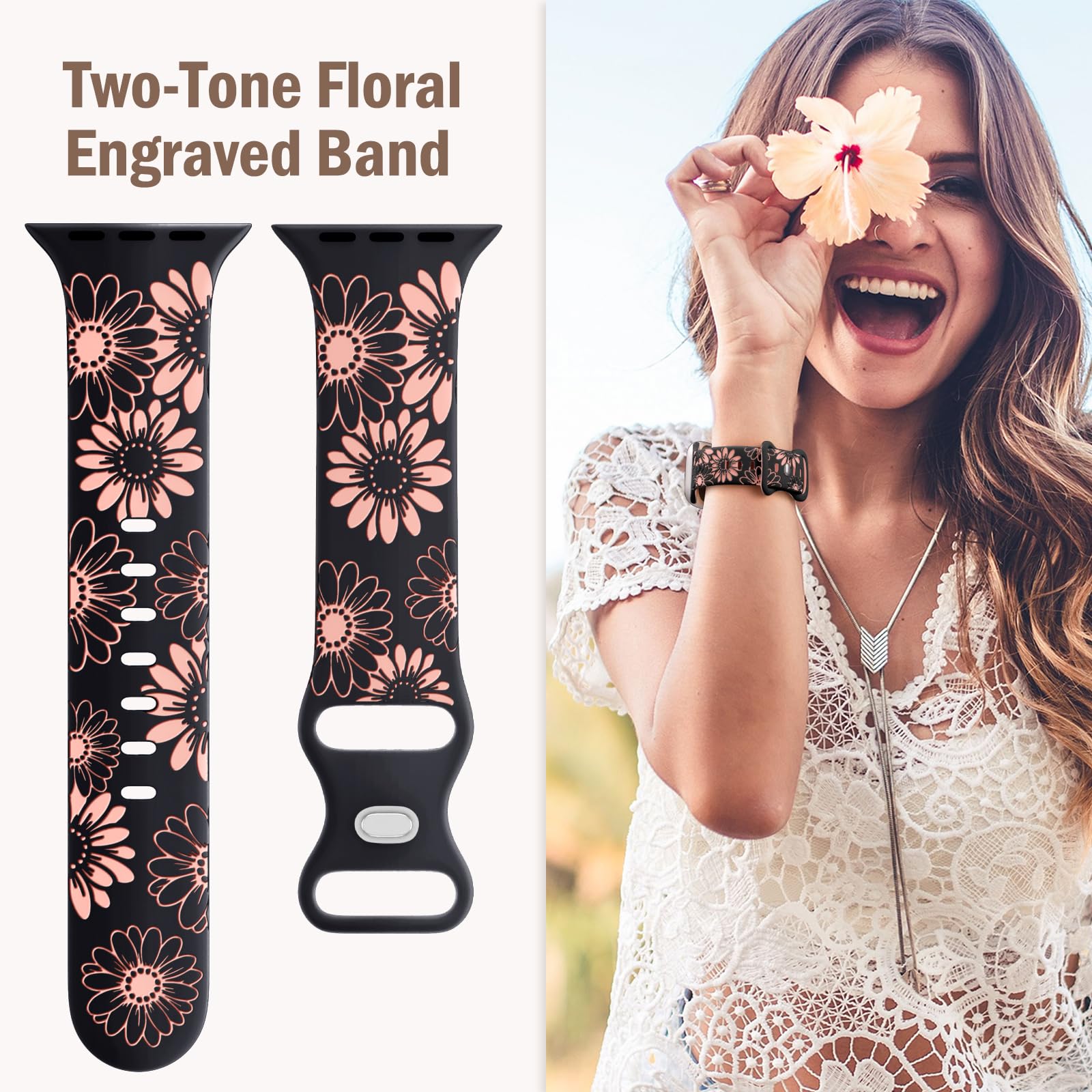 Daqin Floral Engraved Band Compatible With Apple Watch Bands 44Mm 45Mm 46Mm 42Mm 49Mm Women, Cute Two Tone Flower Soft Silicone