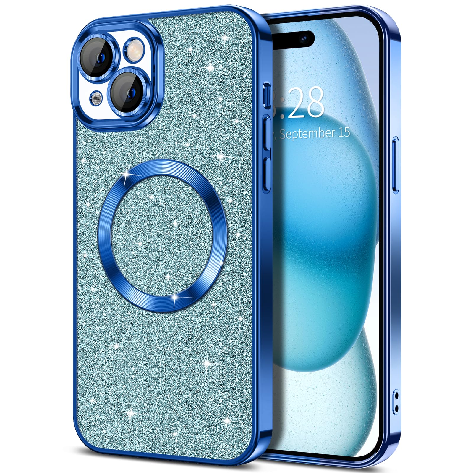 Hython For Iphone 15 Case Glitter, Clear Magnetic Phone Cases With Camera Lens Protector [Compatible With Magsafe] Bling Sparkle