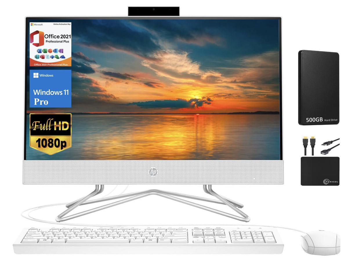 HP 2024 Premium All in One Desktop Computer, 21.5' FHD Display, Dual Core Intel Celeron Processor, 16GB RAM, 1TB SSD, Webcam, WiFi, RJ 45, Win 11 Pro, Office 2021 Pro+Mouse&Keyboard+MarxsolAccessory