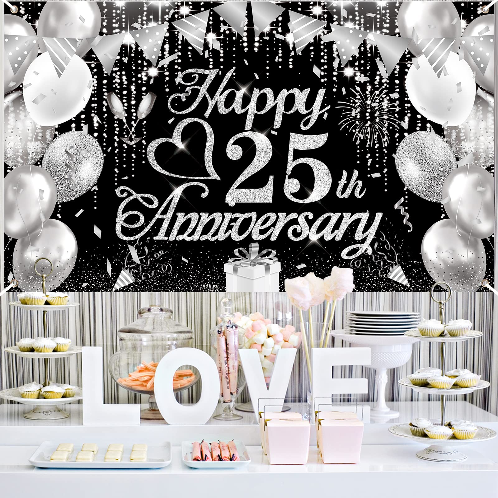 25Th Wedding Anniversary Decorations Black Silver Happy 25Th Anniversary Banner 25Th Wedding Anniversary Banner For 25Th Anniver