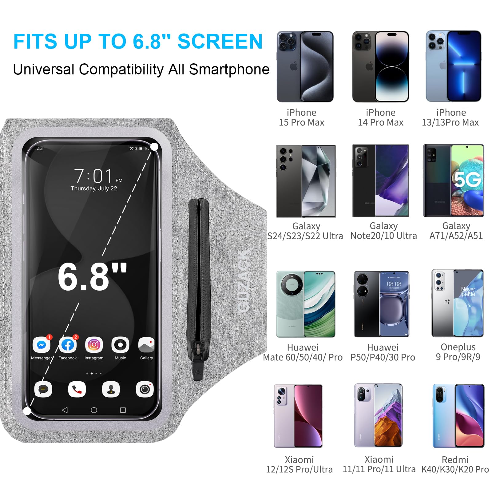 Guzack Running Armband Case For Iphone 15/14/13/12/11 Pro Max, Galaxy S24/S23/S22, Universal Cell Phone Arm Holder With Key Pock