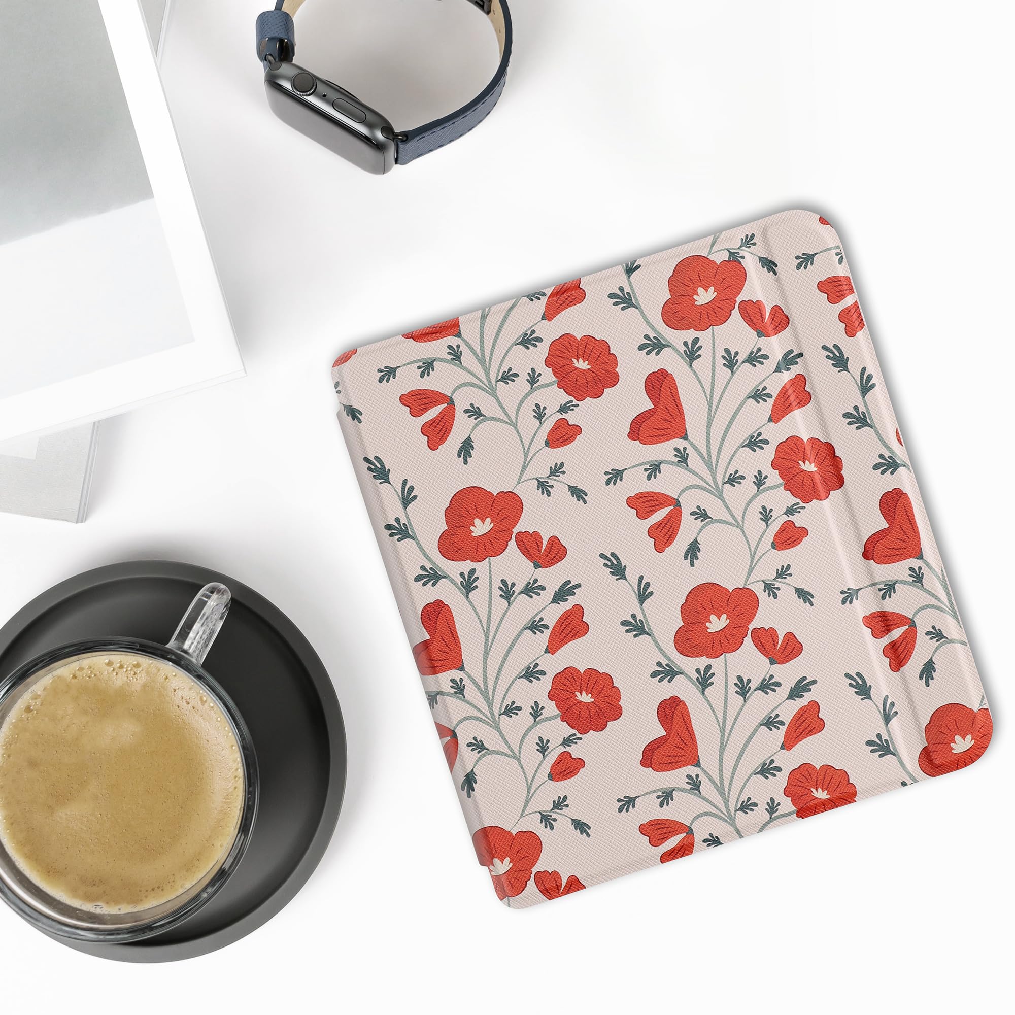 Kwmobile Case Compatible With Kobo Libra 2 Case   Ereader Cover   Poppy Red/Green/Beige