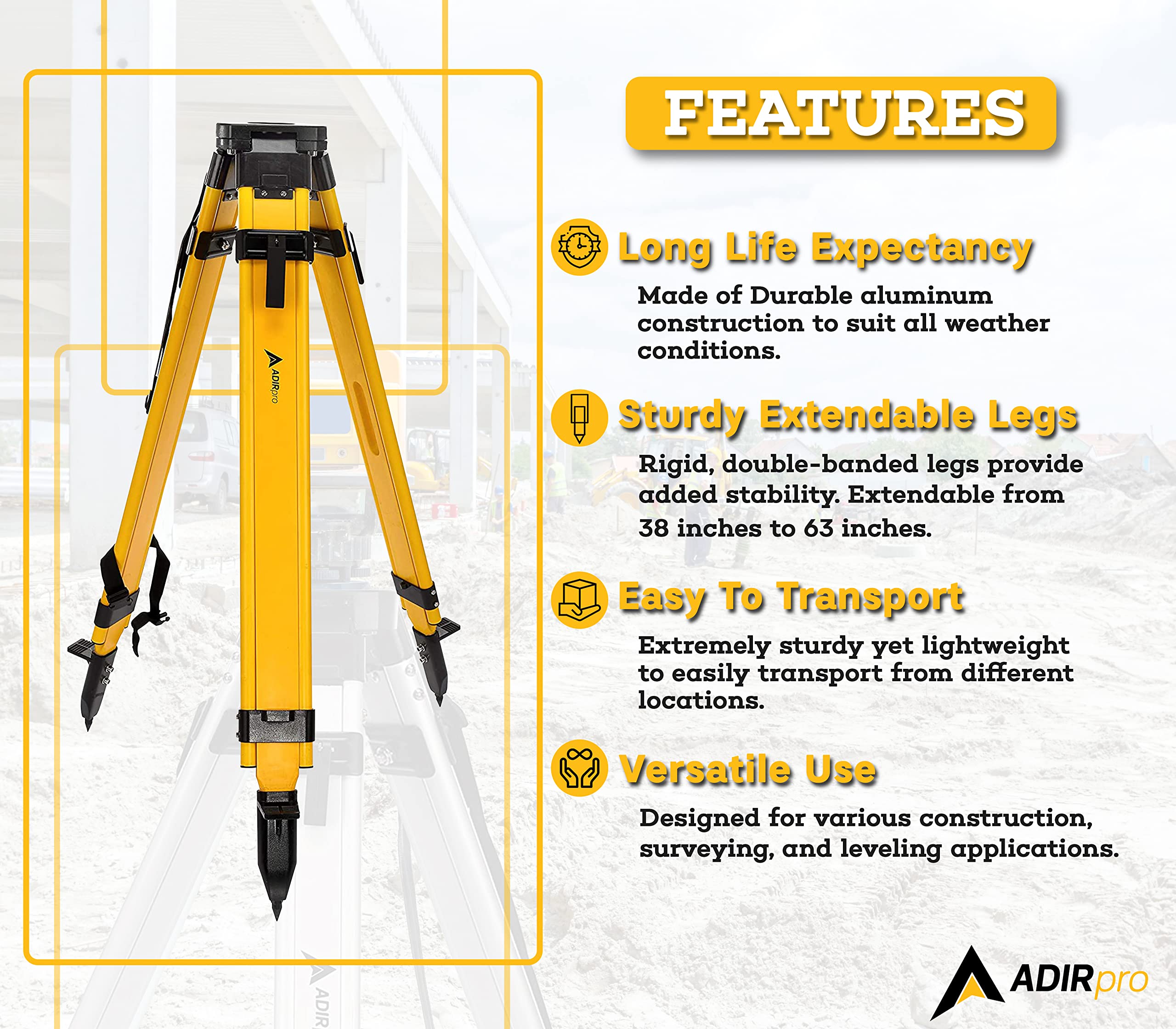 Adirpro Universal Survey Tripod - Laser Level & Transit Level - Quick Clamp - Heavy Duty Contractor Tripod 5/8 X 11 Thread (Ye