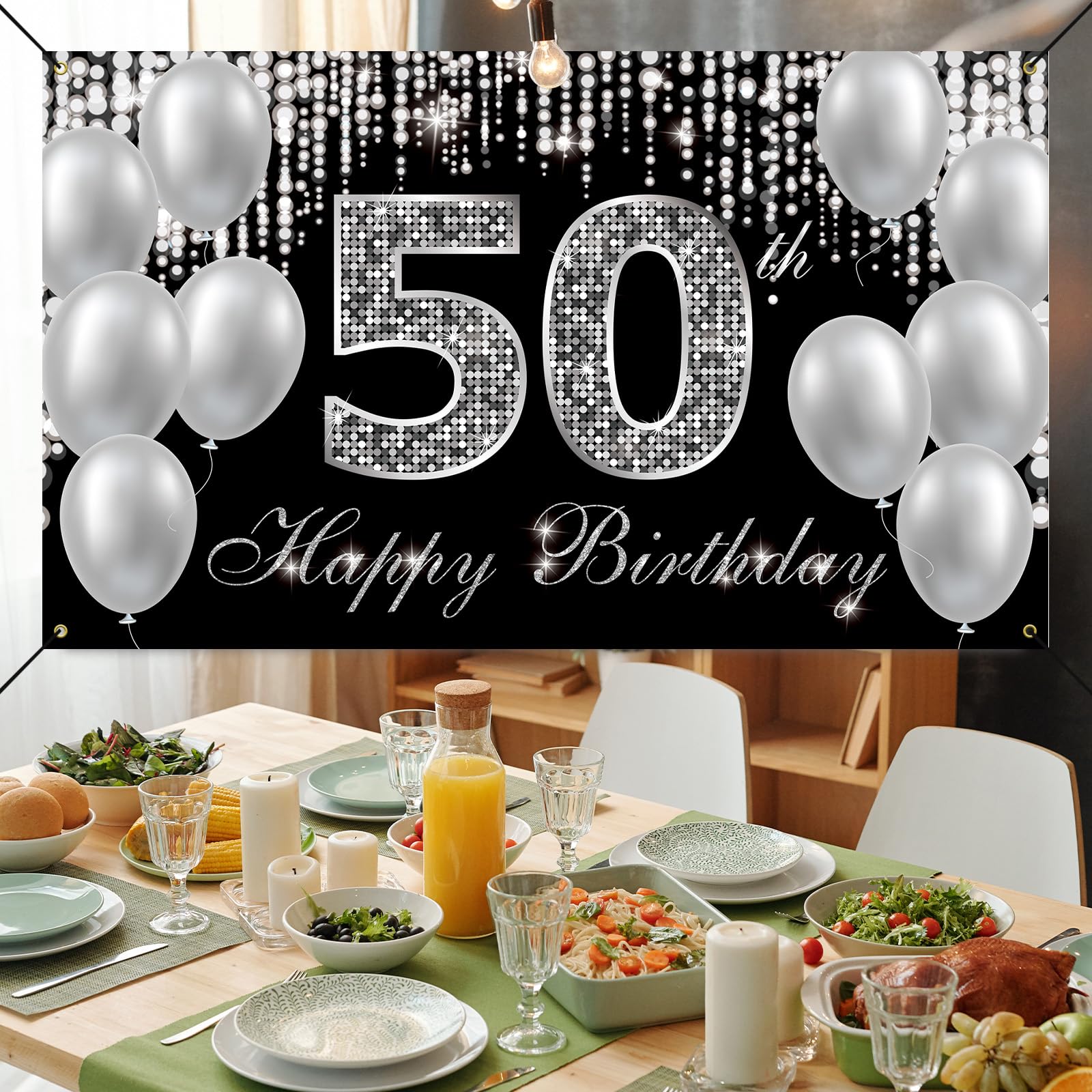 Htdzzi 50Th Birthday Banner Backdrop, Happy 50Th Birthday Decorations For Women Men, Black Silver 50 Year Old Birthday Party Yar