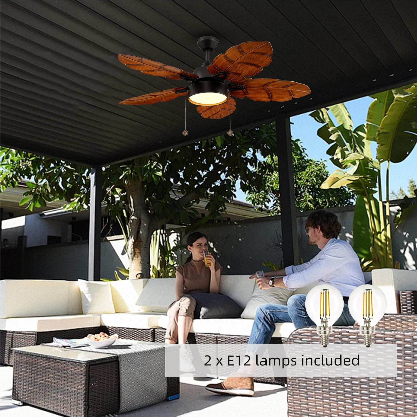 Senroyal 52 Inch Ceiling Fan With Light Pull Chain, Tropical Indoor And Outdoor Ceiling Fan For Patio, Bedroom, Living Room, Rev