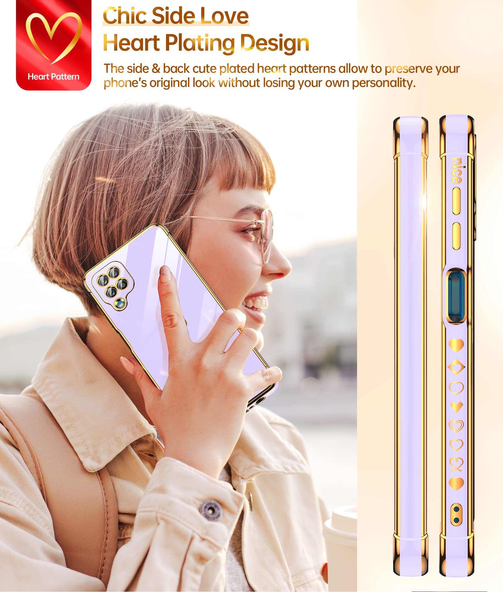 LeYi Samsung Galaxy A12 Phone Case Love Heart Plated Silicone Shockproof Full Camera Protection Purple