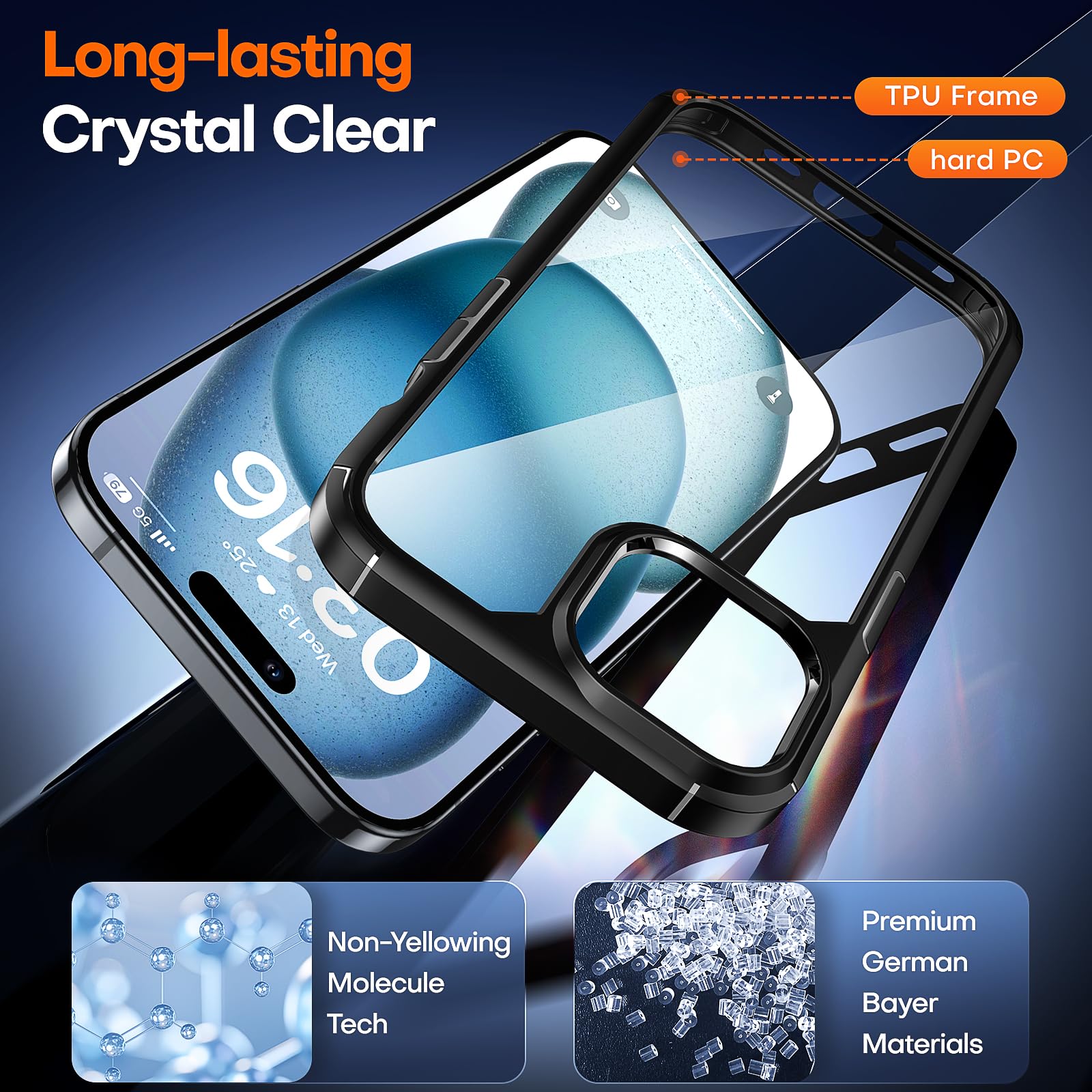 Tauri 3 In 1 For Iphone 15 Case, [Not Yellowing] With 2X Screen Protectors, [Military Grade Drop Protection] Shockproof Slim Pho