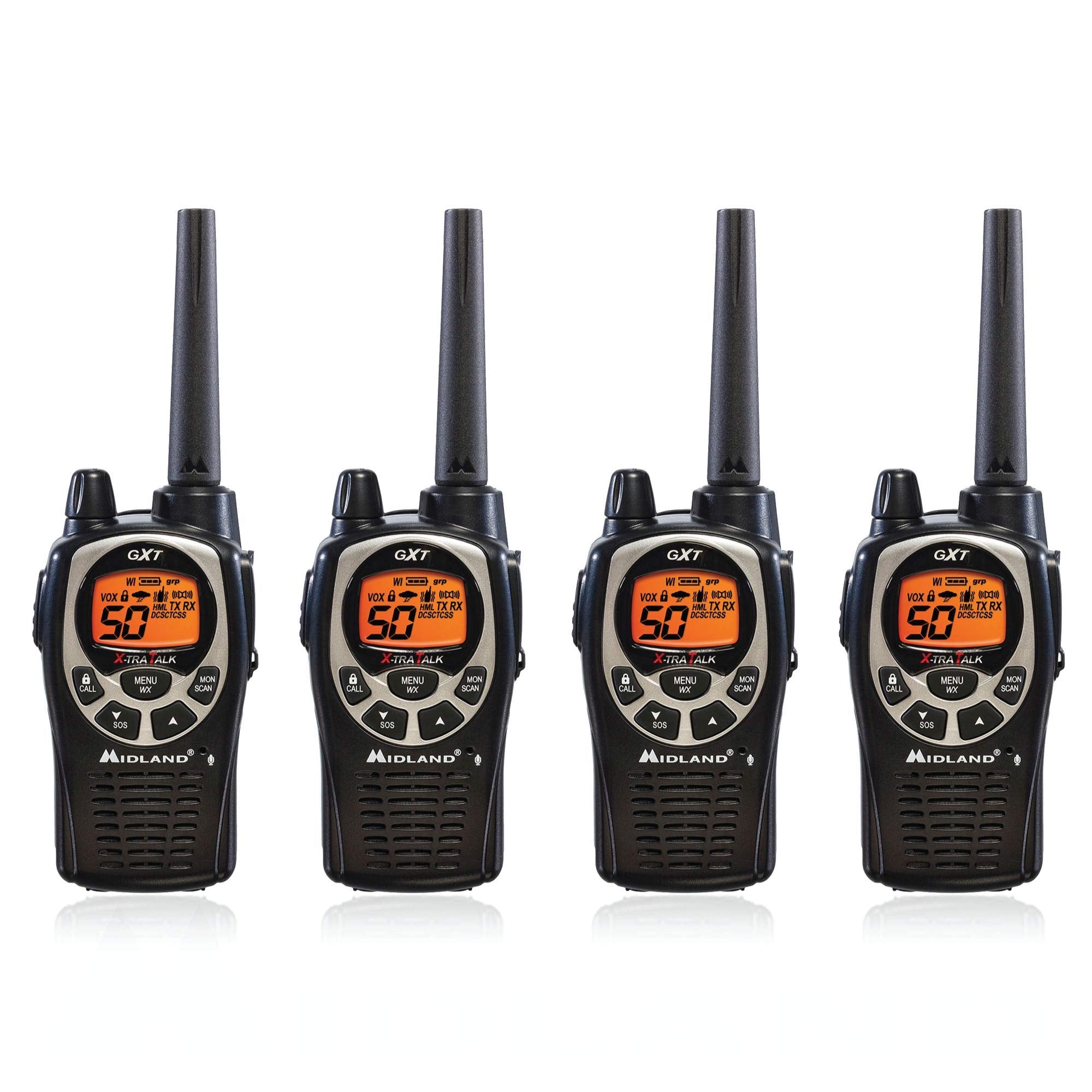 Midland Gxt1000Vp4 50 Channel Gmrs Two Way Radio   Up To 36 Mile Range Walkie Talkie   Black/Silver (Pack Of 4)