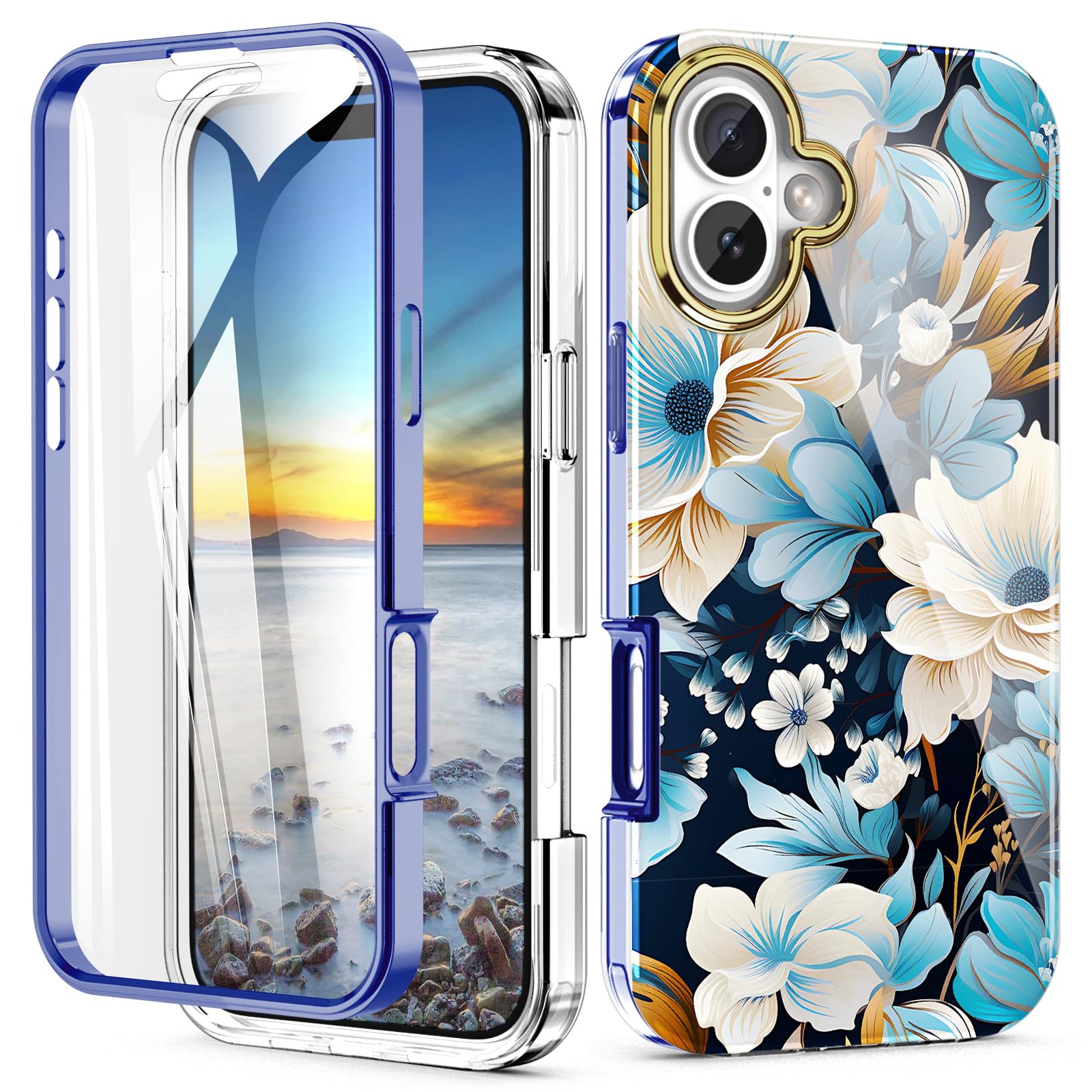 Turquiase Cute Flower Case For Iphone 16 Plus 6.7 Inch Built With Screen Protector, Lightweight And Stylish Full Body Shockproof