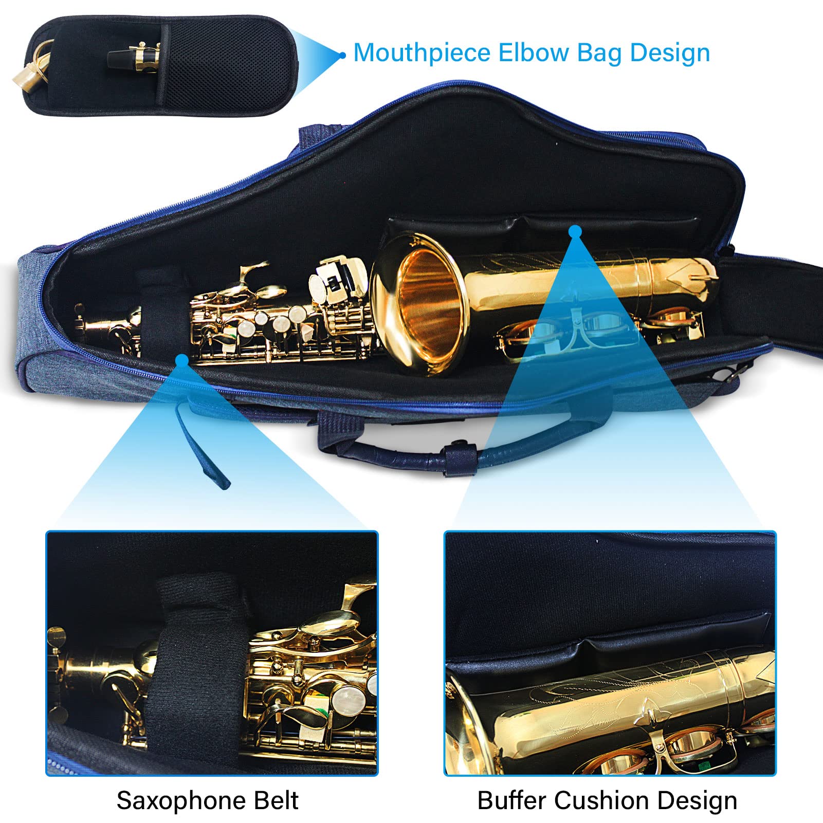 Alto Saxophone Case Sax Gig Bag, 2 In 1 Carrying Backpack Case With Flute Pocket, 20Mm Soft Padded, Saxophone Accessories (Blue)