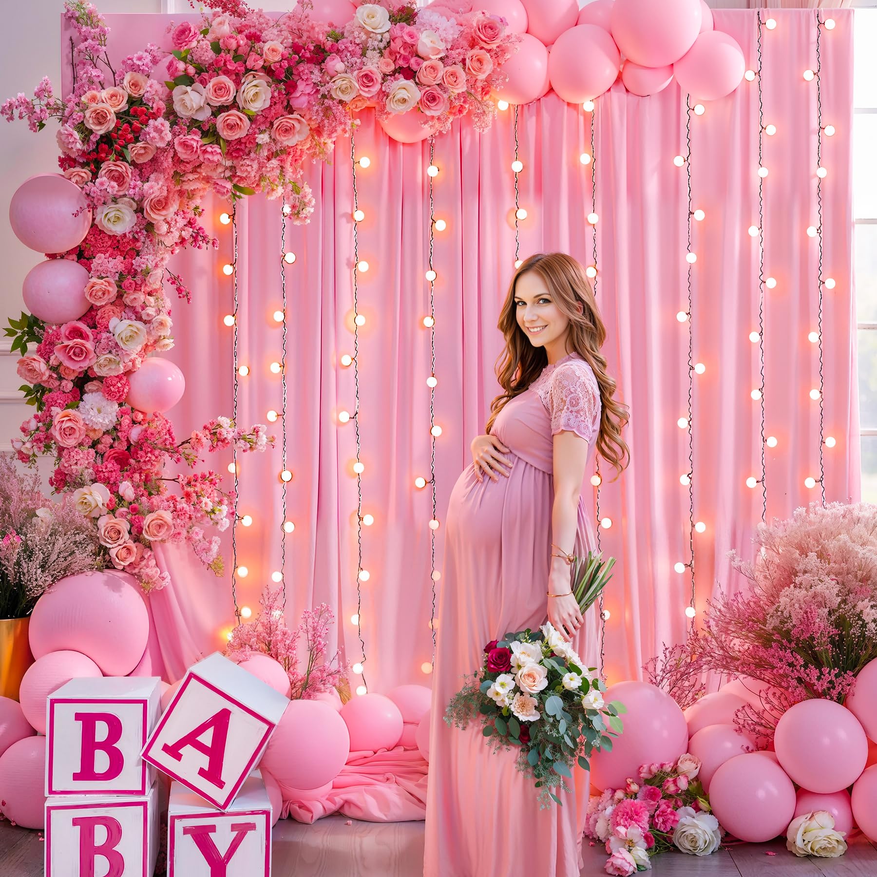 10X10Ft Pink Backdrop Curtains With Lights String For Baby Shower Parties, Wrinkle Free Curtains Backdrop Drapes For Wedding Gir