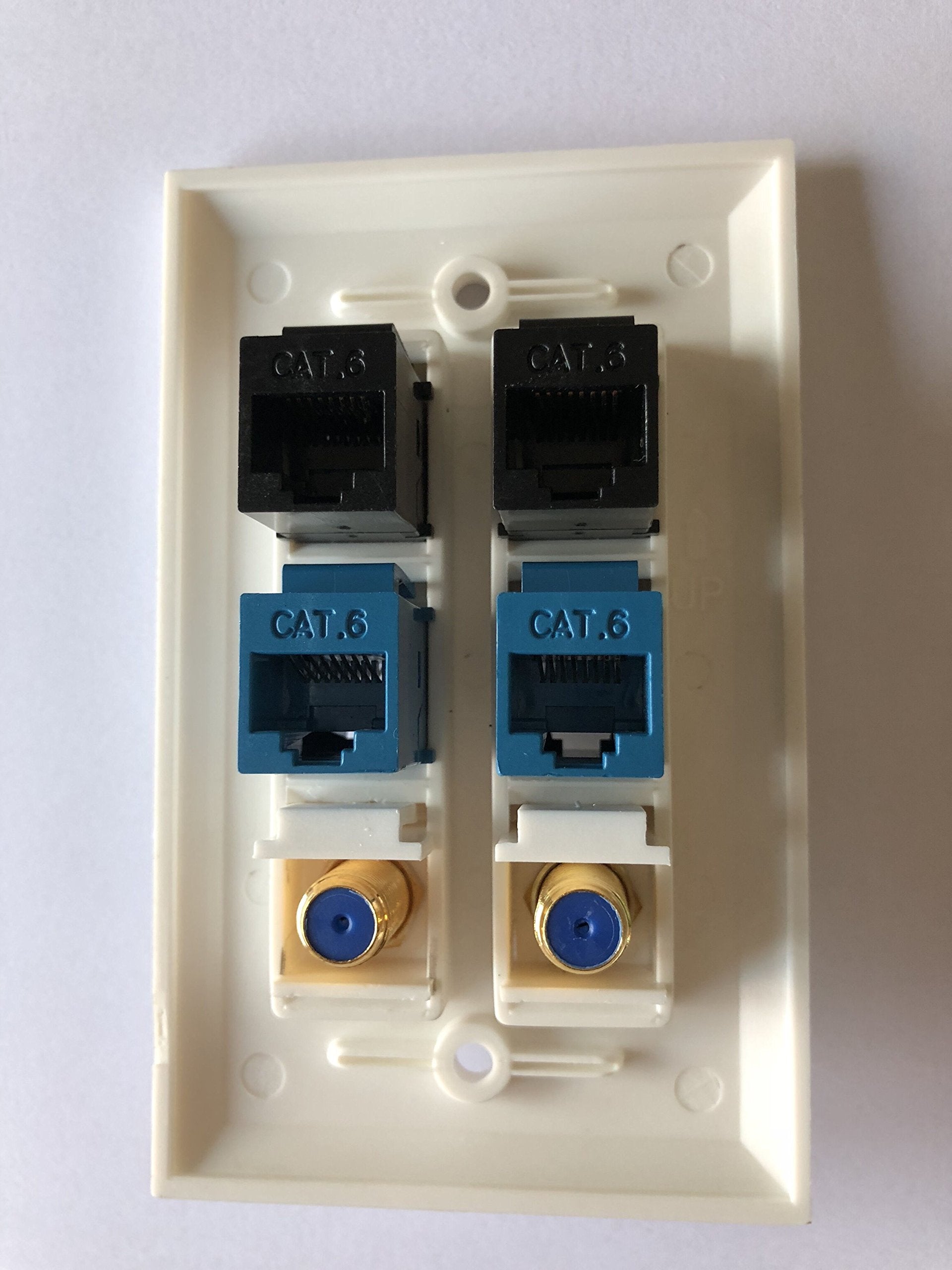 Ibl 2 Port Gold Plated Coaxial Tv Cable F Type + 4 Port Cat6 Ethernet Female To Female Jack Wall Plate In White