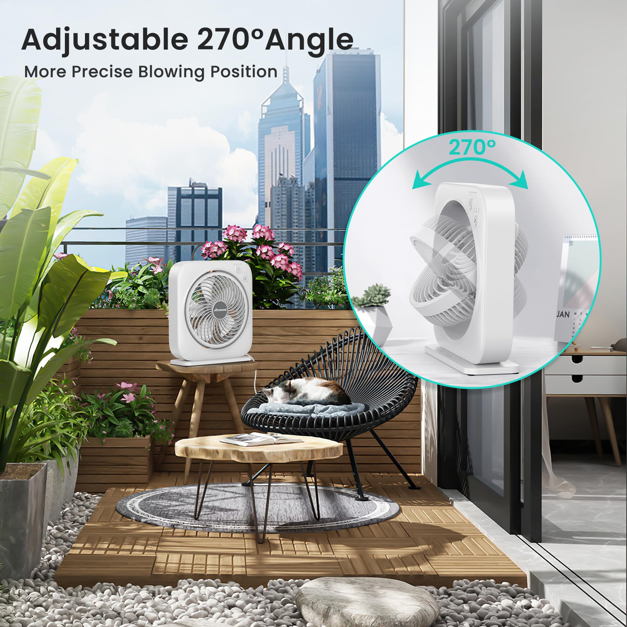 Amacool Table Fan, 12 Inch Box Fan With 3 Adjustable Speeds & 8Hrs Timer, 270? Pivoting Quiet Air Circulator, Desktop Fan For Be