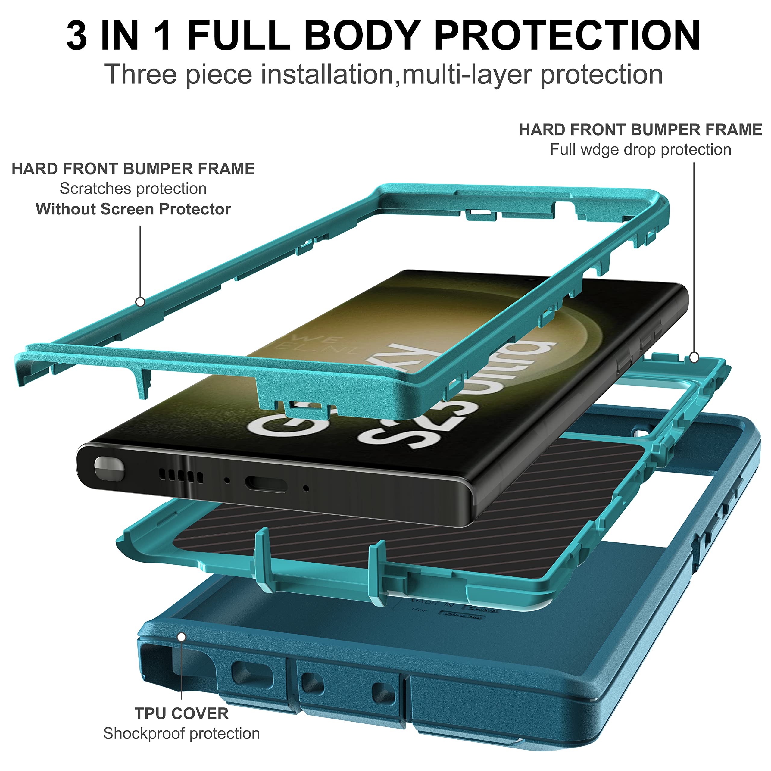 HONG-AMY Samsung Galaxy S23 Ultra Phone Case 3-in-1 Heavy Duty with TPU Screen Protector Silicone PC Blue/Turquoise
