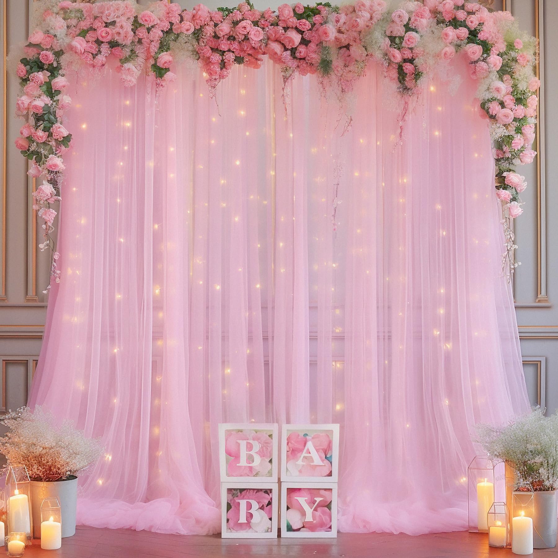 10X8Ft Baby Pink Tulle Backdrop Curtain With Lights String For Parites, Sheer Backdrop Curtains For Wedding Baby Shower Birthday