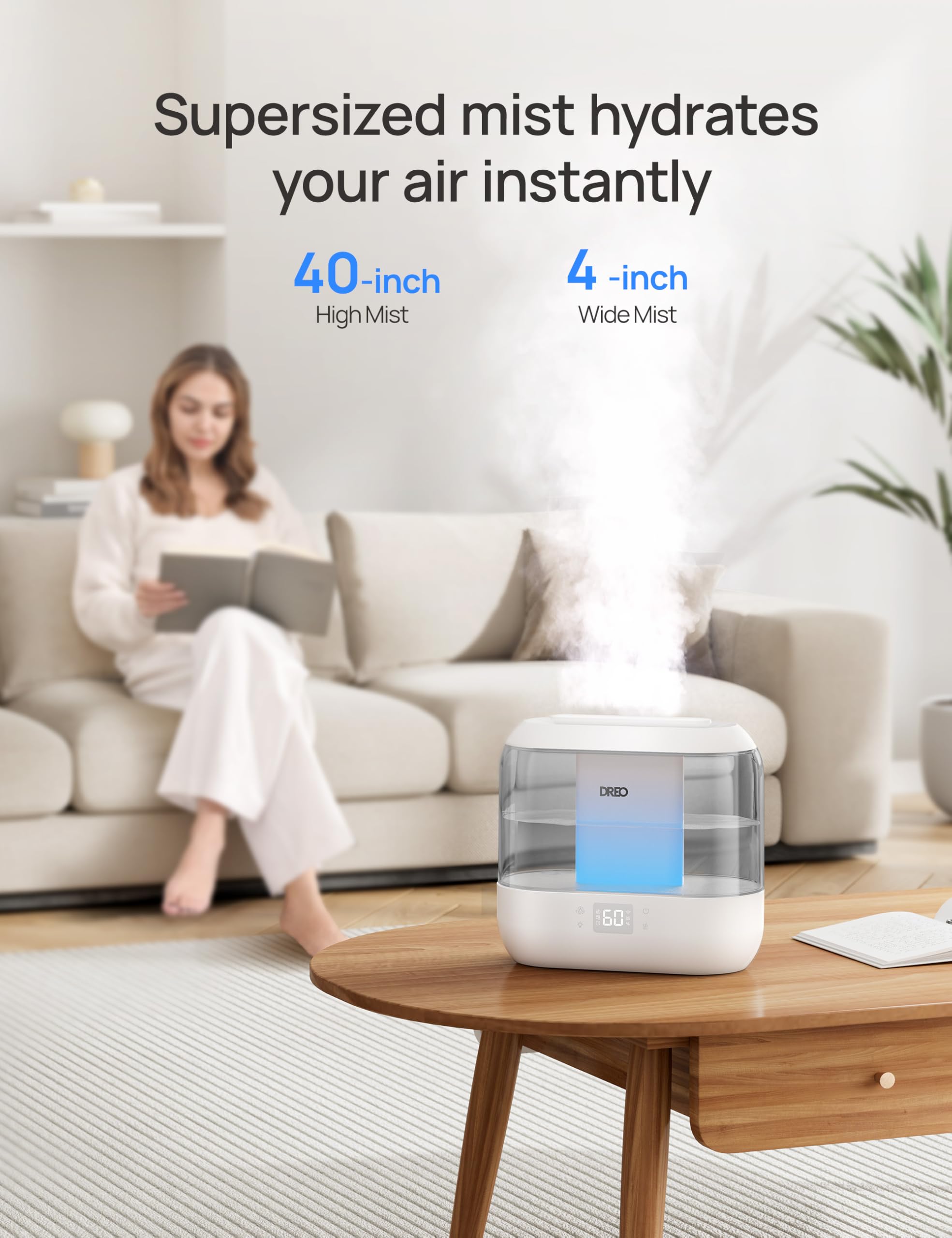 Dreo Smart Humidifiers For Bedroom, Top Fill 4L Cool Mist Humidifier With Nightlight, 32H Runtime, Touch/App/Voice Control, Quie