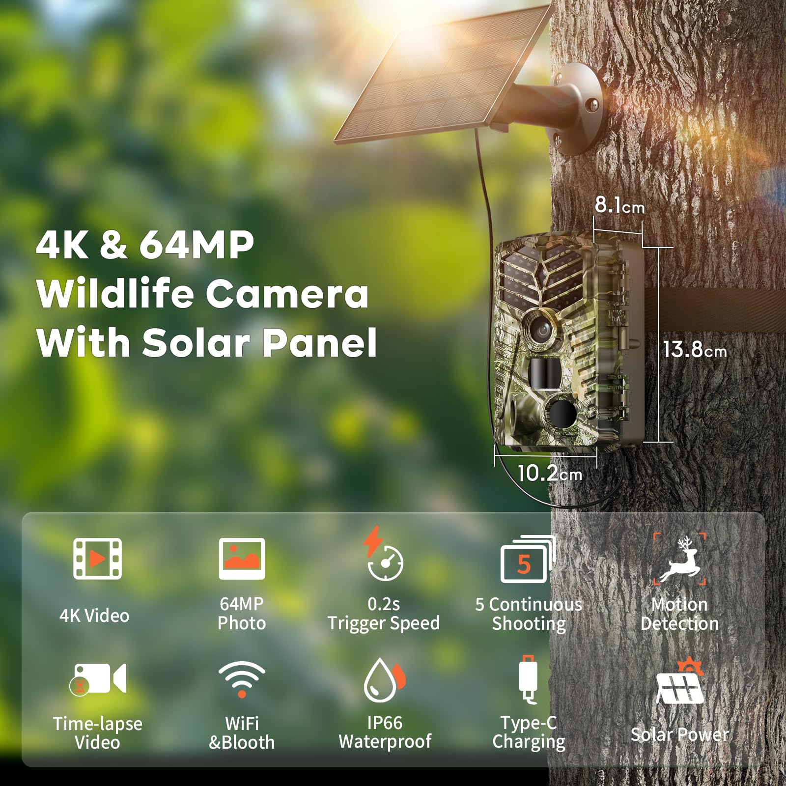 Solareye Trail Camera Wifi - Solar Powered 4K 64Mp Game Cameras With Night Vision Motion Activated Waterproof With 32Gb Micro Sd
