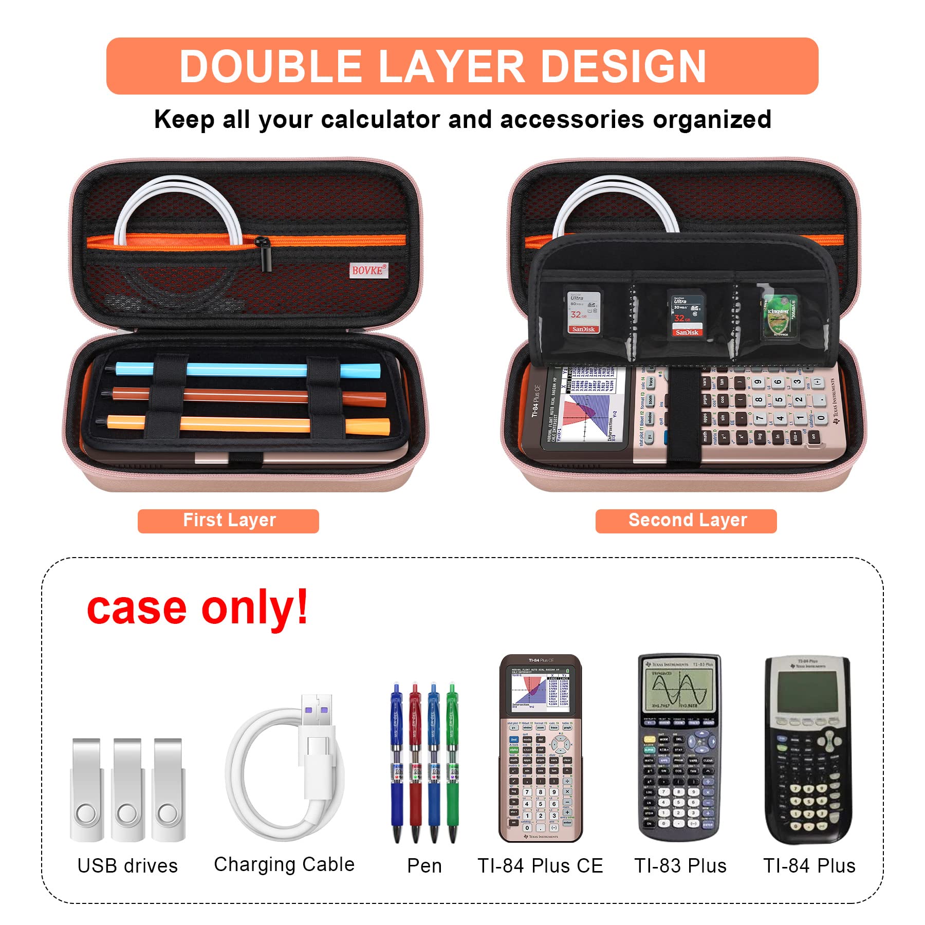 Bovke Graphing Calculator Hard Travel Case For Texas Instruments Ti-84 Plus Ce/Ti-83 Plus Ce/Casio Fx-9750Gii, Extra Pocket For