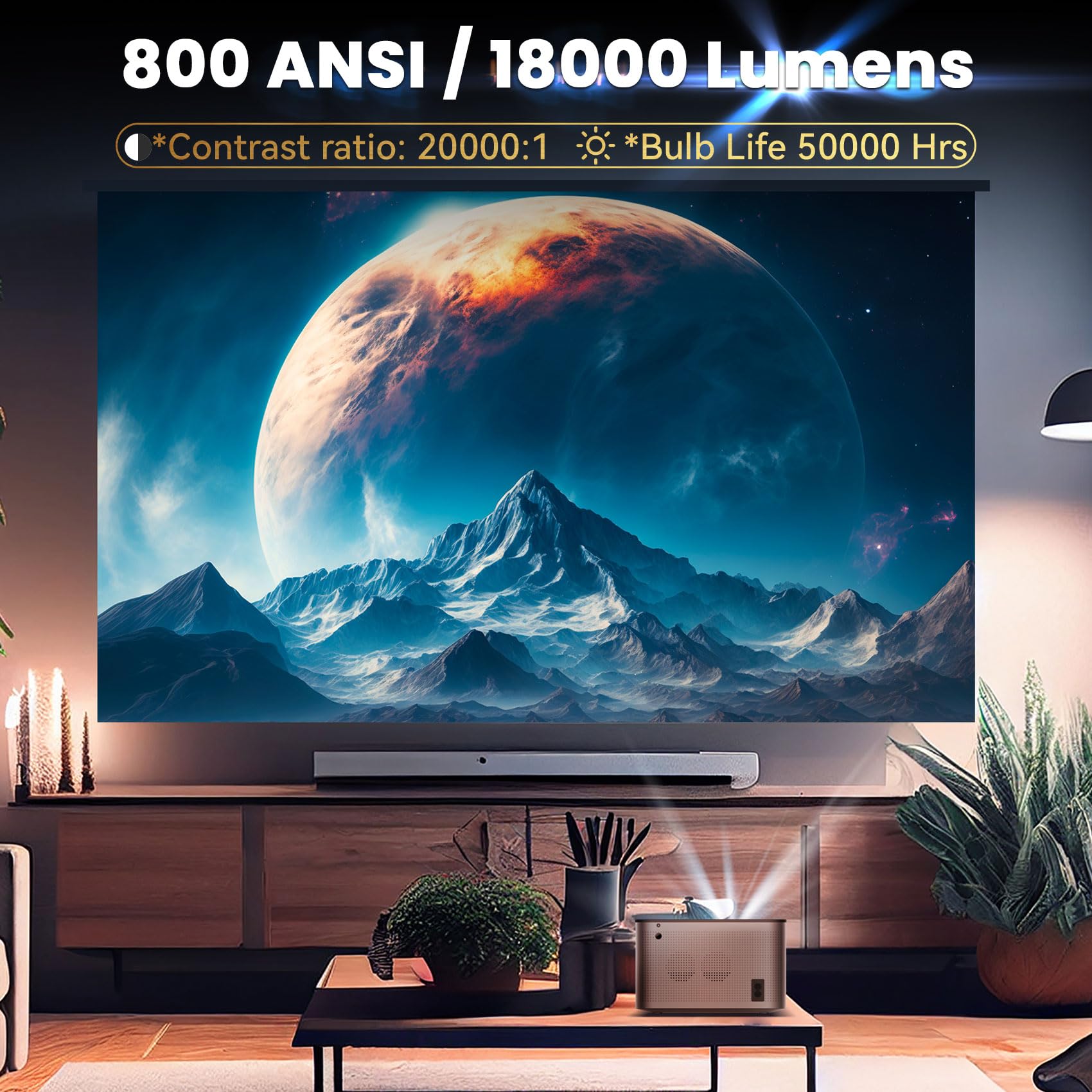 Native 1080P Full Hd Projector 4K,Outdoor Projector,800 Ansi Movie Projector,18000 Lumens Bt 5.0 Wifi 6 Home Indoor Projector Bu