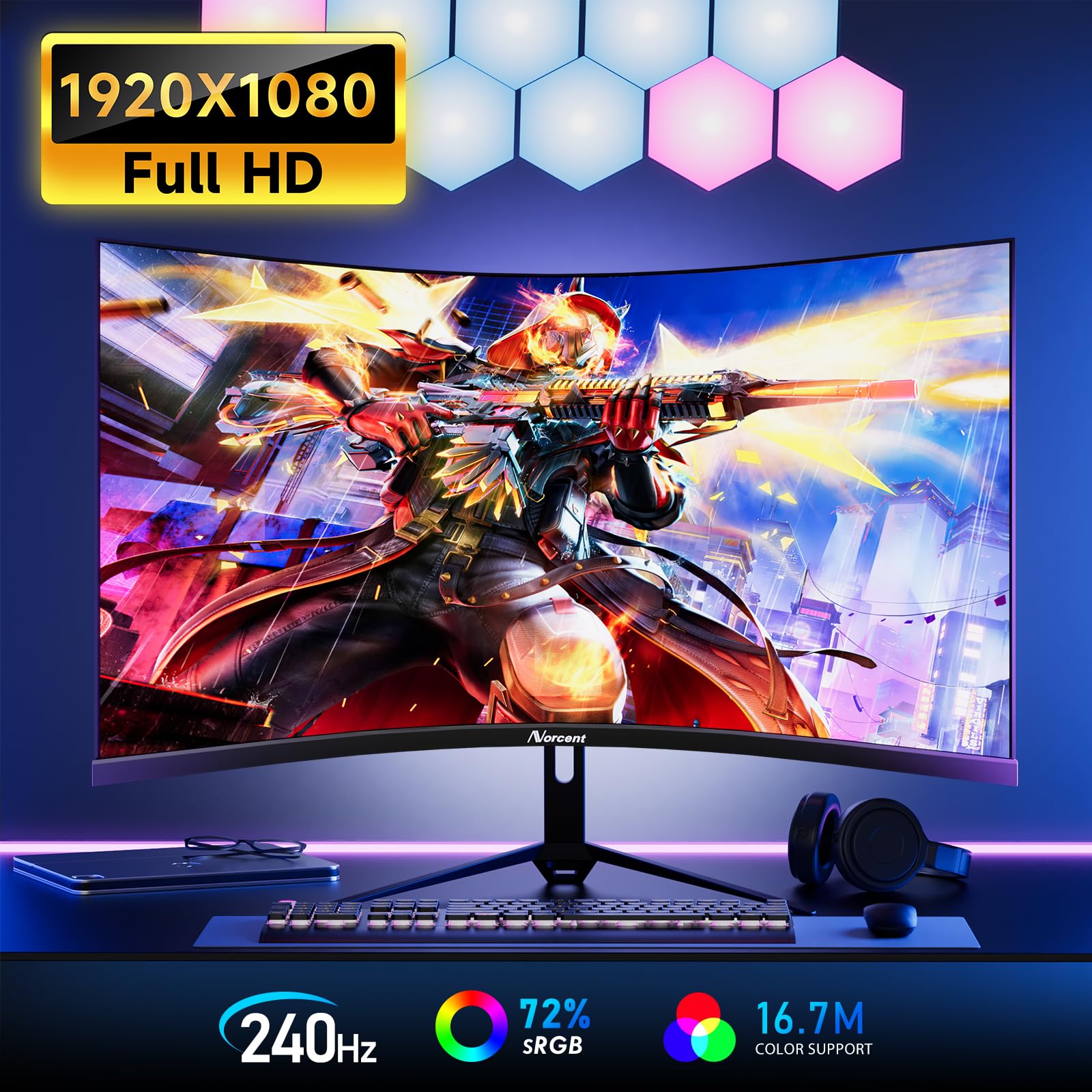 Norcent 27 Inch Fhd Va Gaming Curved Monitor With Rainbow Lights, 240Hz Refresh Rate, Eye Care 1080P Display, Freesync G Sync Co