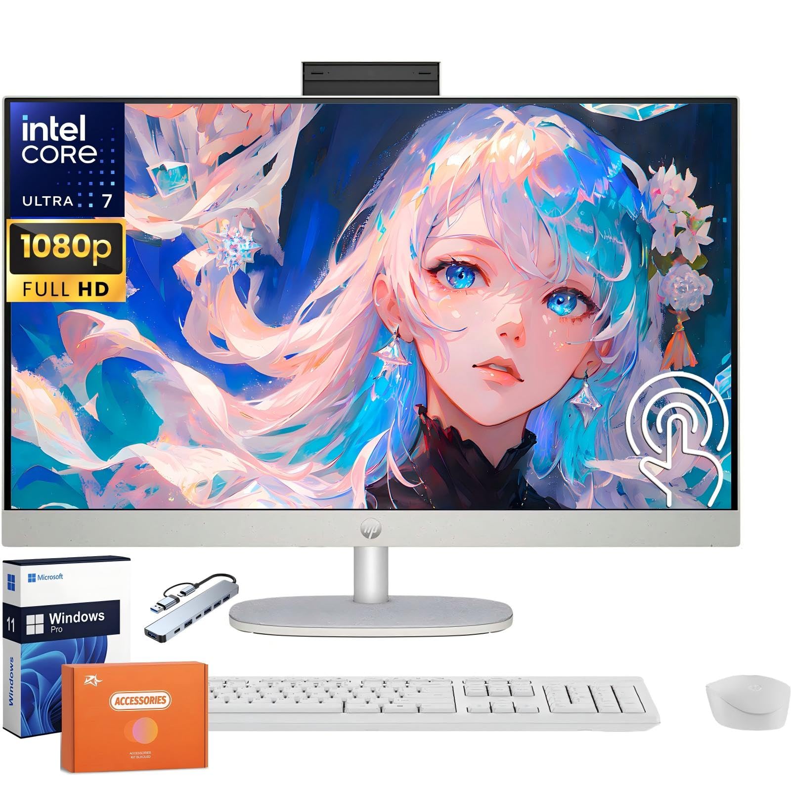 HP 27 Inch Touchscreen All in One Desktop Computer, Intel Ultra 7-155U(Up to 4.8 GHz), 27 FHD IPS Touchscreen, 16 GB DDR5, 1 TB