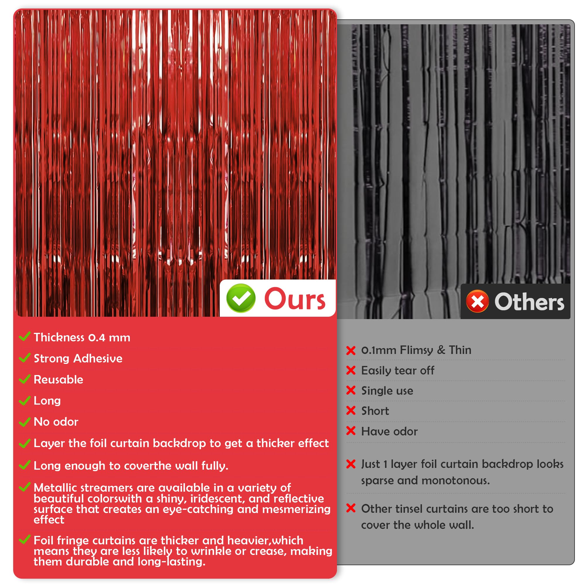 Ohome Red Tinsel Curtain Party Backdrop Foil Fringe Metallic Party Streamers Birthday Wedding Graduation Party Decorations   Chr