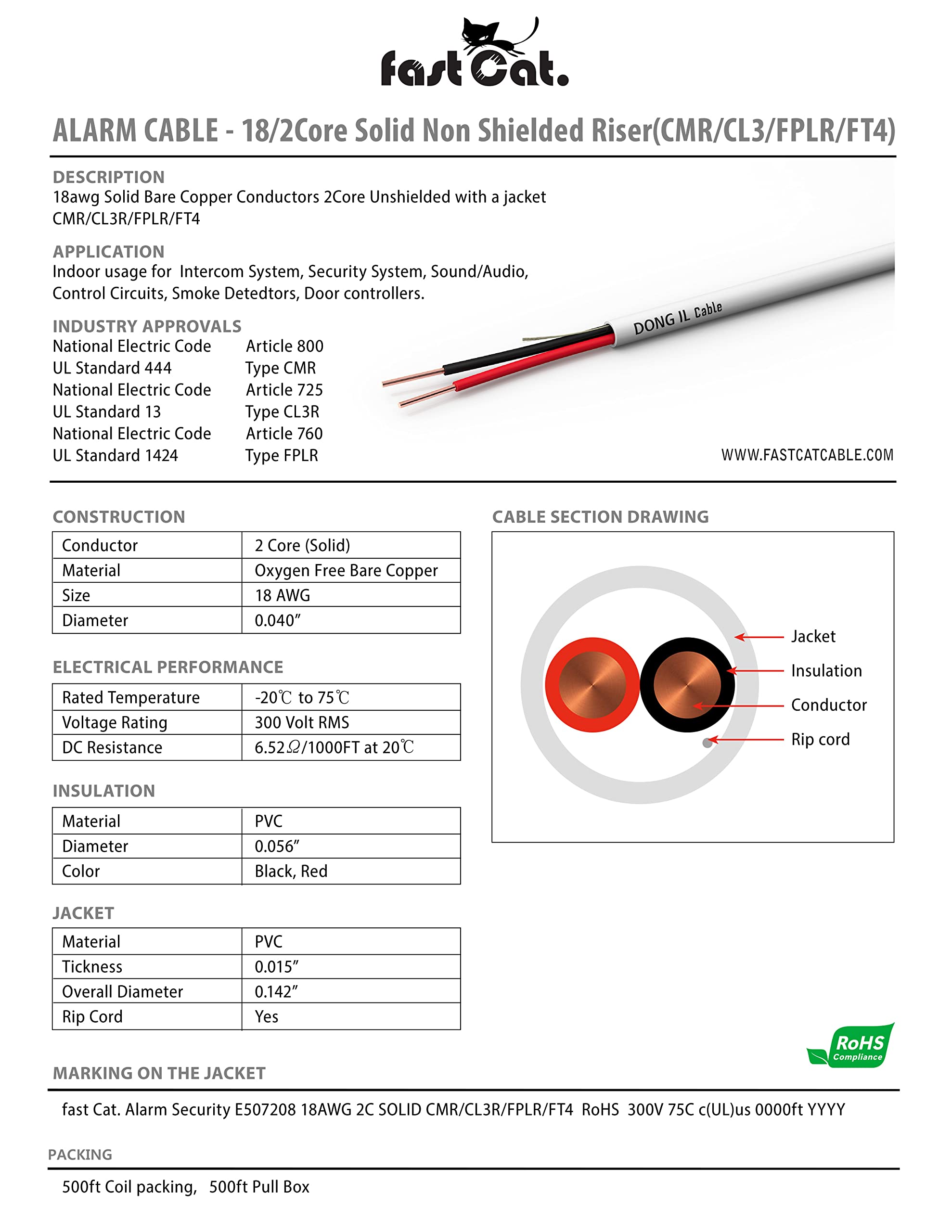 Fast Cat. Alarm Wire Cmr Cable For Low Voltage Fire Detector, Security Stations, Door Bell & Burglar System   18 Gauge Wire 2 Co