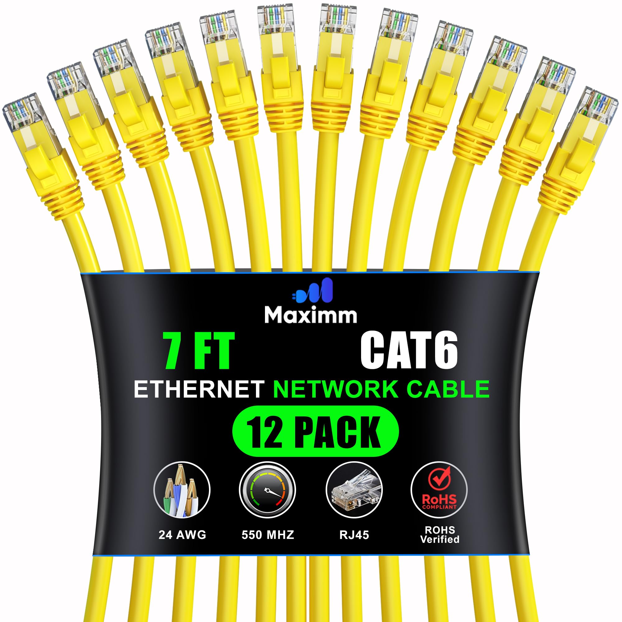 Maximm Cat 6 Ethernet Cable 7 Ft (12 Pack)   High Speed Lan Cable, Internet Cable, Patch Cable, And Network Cable   Utp, 10Gbps, 550Mhz Ethernet Cord   Yellow