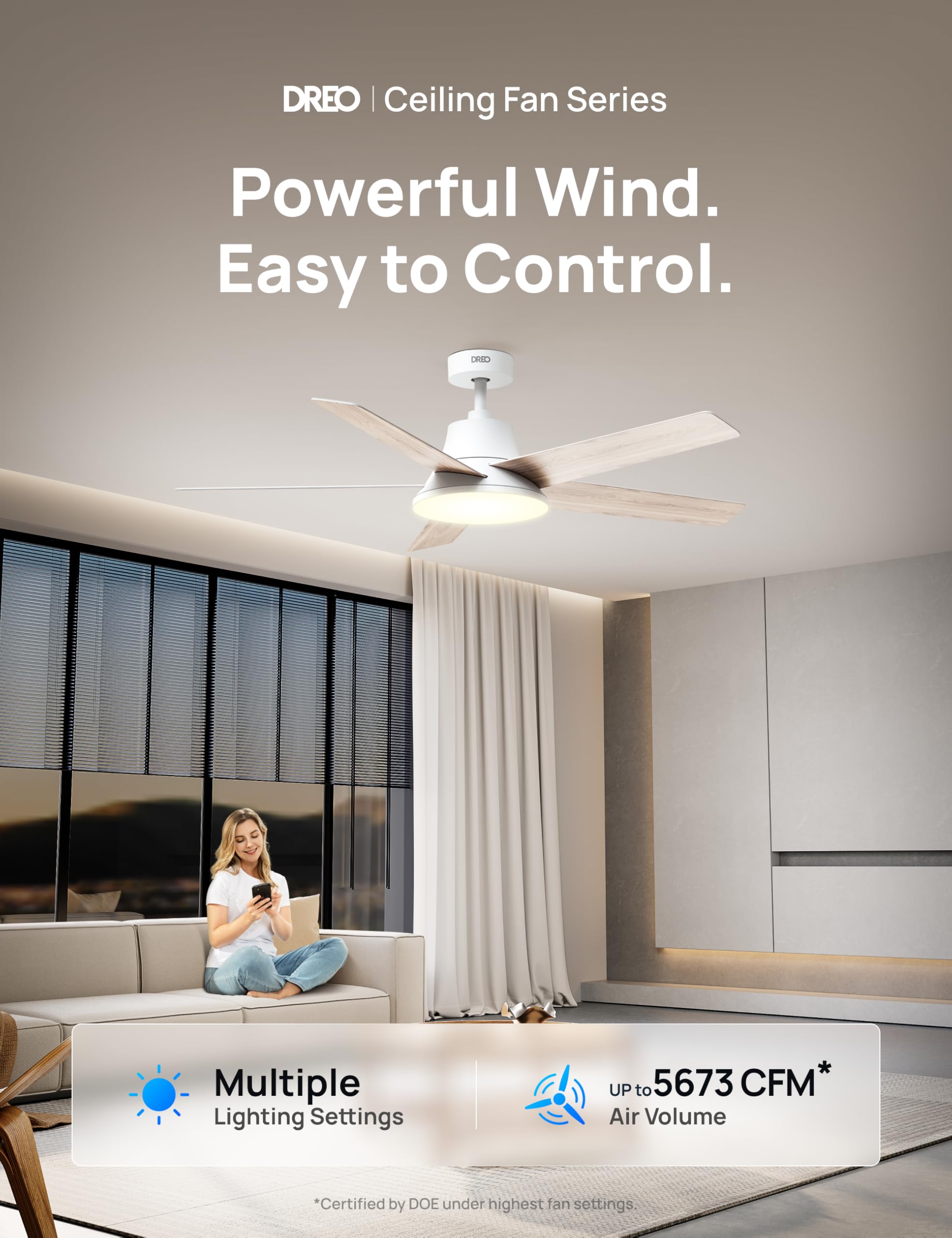 Dreo Smart Ceiling Fan With Lights, 52 Inch, 12 Speeds & 3 Fan Modes, Stepless Color Tones, Dimmable Led Light, 12H Timer, Quiet