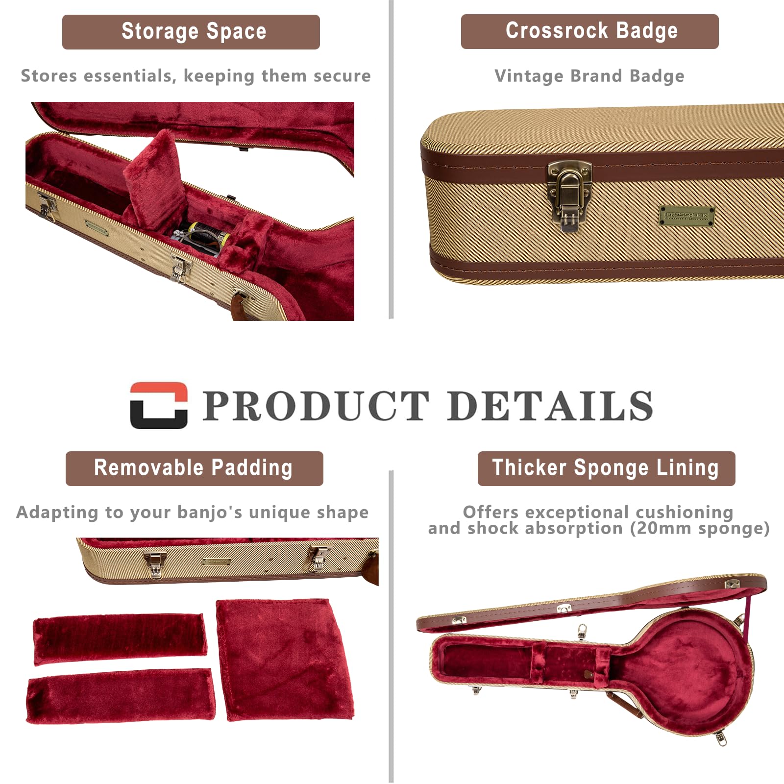 Crossrock Master Series Openback Banjo Case | Classic Fabric Tweed Exterior, Re-Engineered Wooden Shell, Leather Handle & Deep R