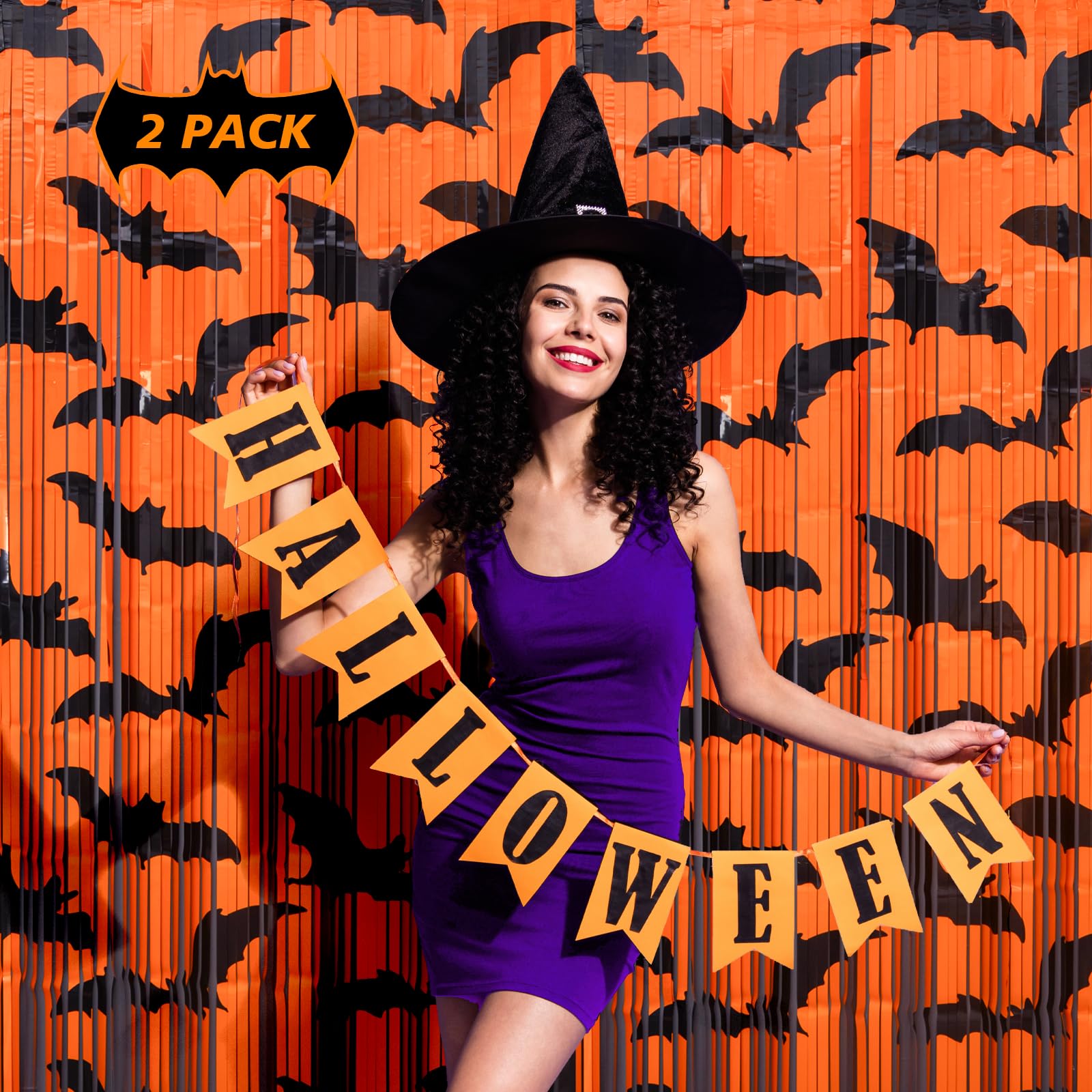 Mega L Halloween Party Decorations, 2 Packs Black Bat Pattern Orange Background Photo Booth Props, 3.3 X 6.6 Ft Metallic Foil Fr