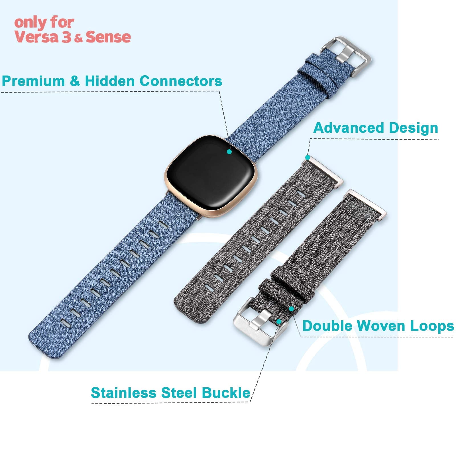 Maledan Bands Compatible With Fitbit Versa 3 & Sense For Women & Men, Breathable Woven Fabric Adjustable Stylish Strap For Versa