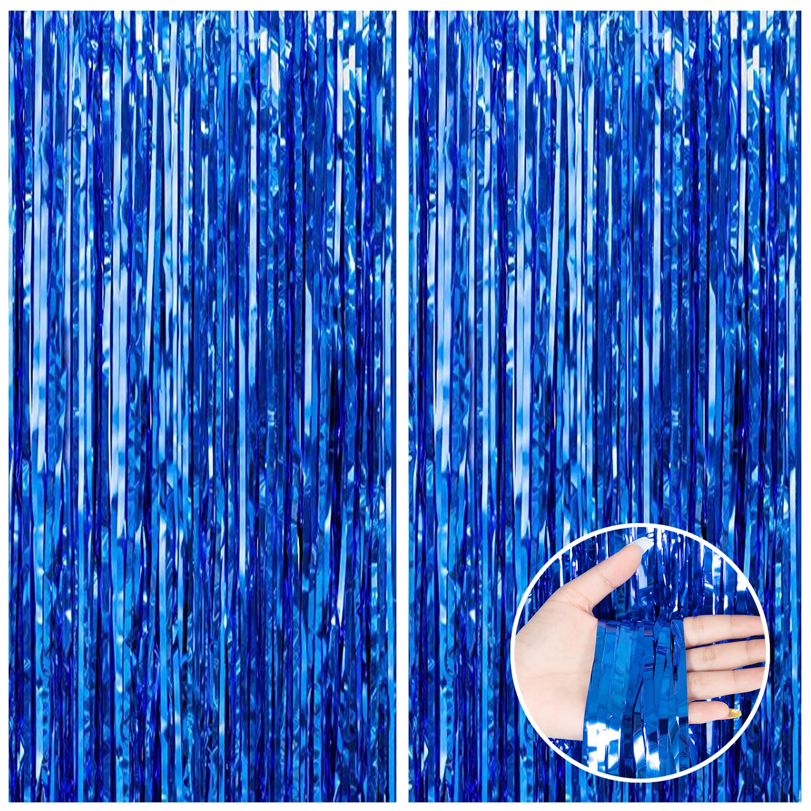 Canrevel 2 Pack 3.3X8.2 Feet Dark Blue Foil Fringe Backdrop Curtains, Tinsel Streamers For Ocean Birthday Party Decorations, Gra