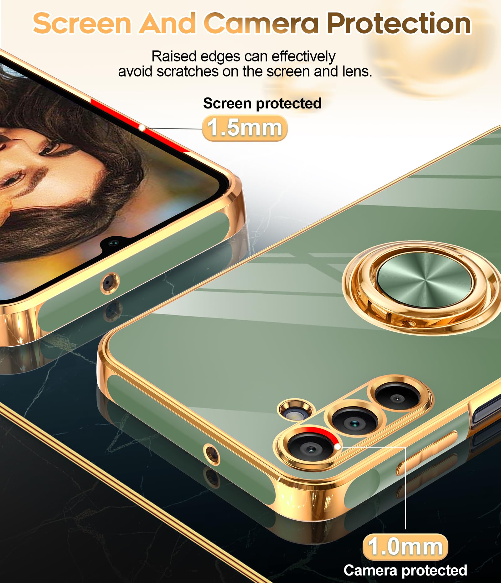 Leyi For A15 5G Case: With Tempered Glass Screen Protector [2 Pack] 360 Rotatable Ring Holder Magnetic Kickstand, Plating Rose G