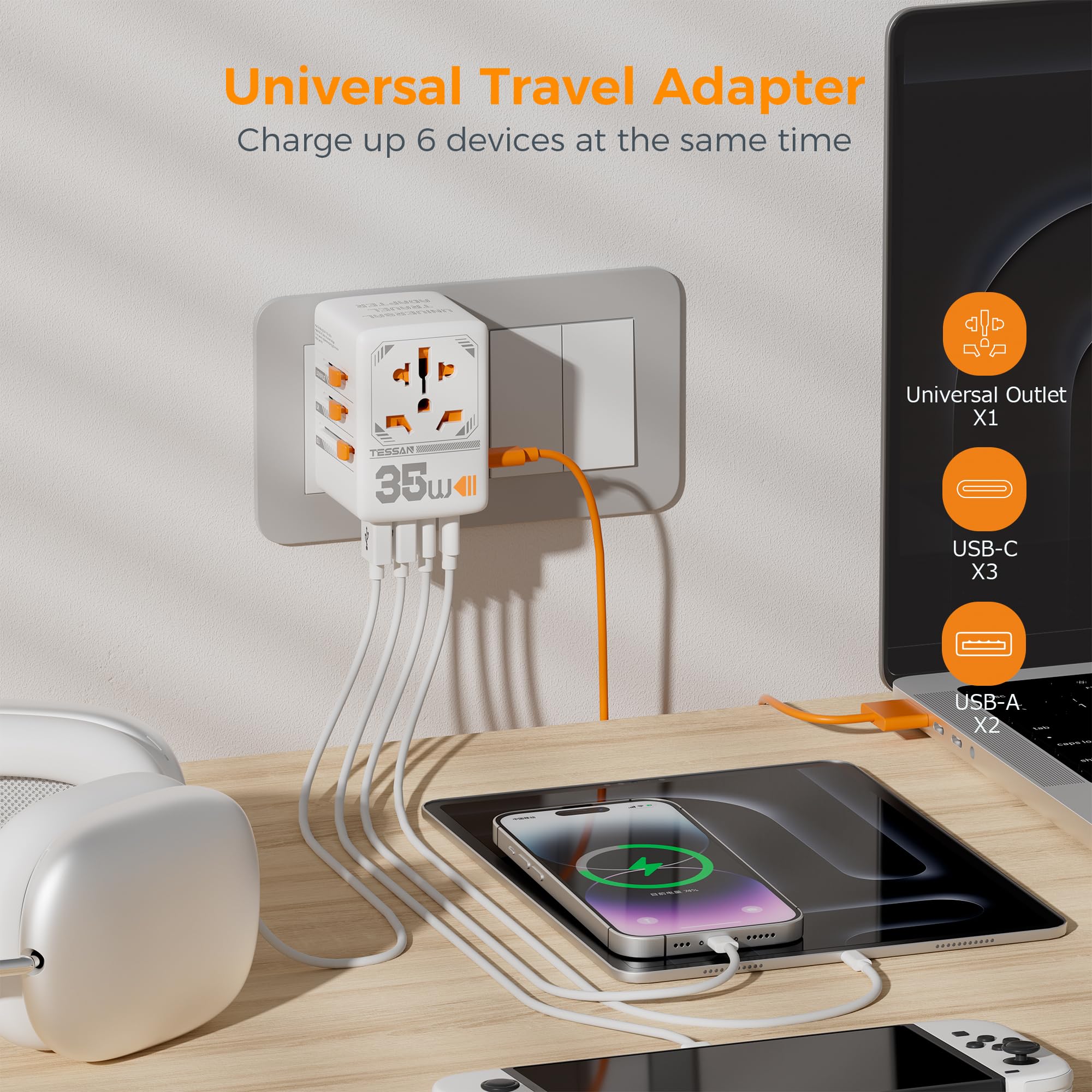 Tessan 35W Universal Travel Adapter, International Plug Adaptor With 3 Usb C And 2 Usb A Charging Ports, Worldwide Power Outlet