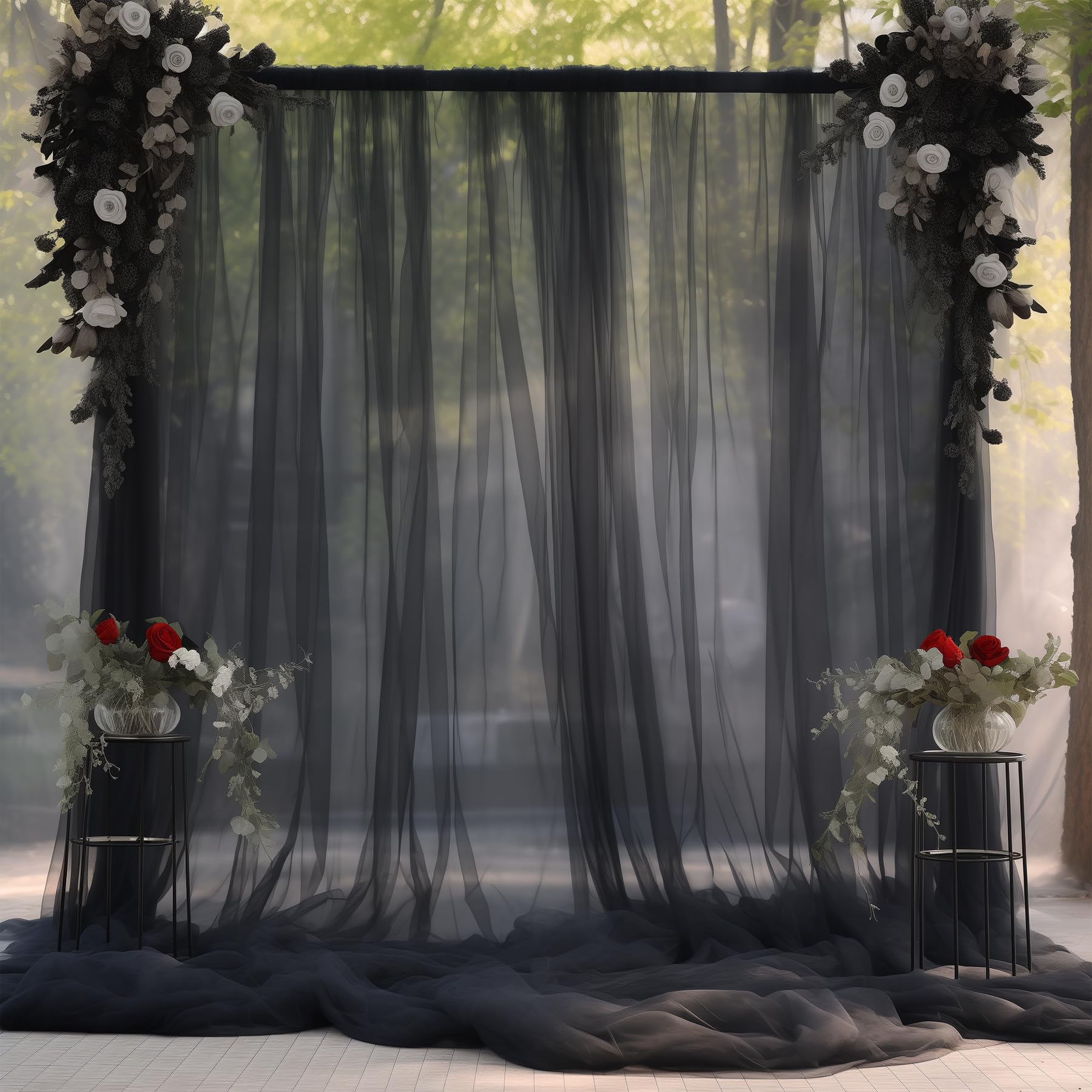 Wish Care 10X10Ft Sheer Black Backdrop Curtains For Parties, Tulle Wedding Arch Draping Fabric Photo Background For Birthday Par