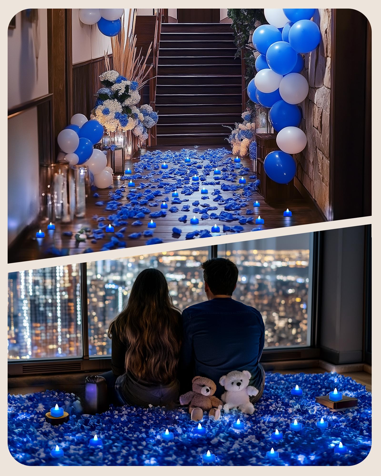 Amagic 1000 Pieces Blue Artificial Rose Petals With 12 Blue Heart Led Tea Lights, Rose Petals, And Candles Set For Proposal, Ann